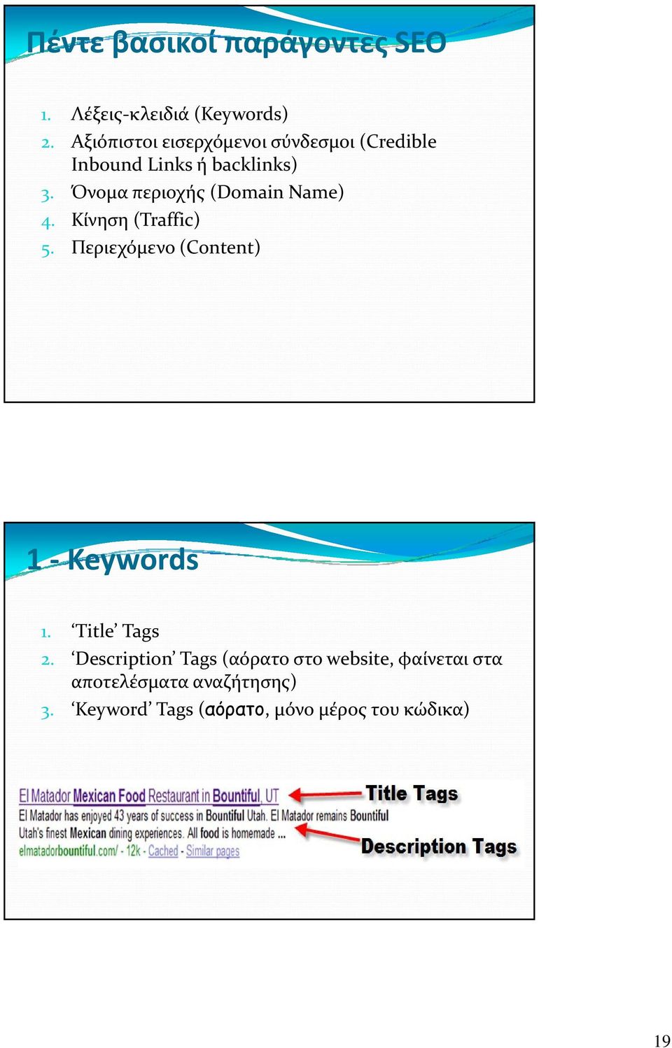 Όνομα περιοχής (Domain Name) 4. Κίνηση (Traffic) 5. Περιεχόμενο (Content) 1 Keywords 1.