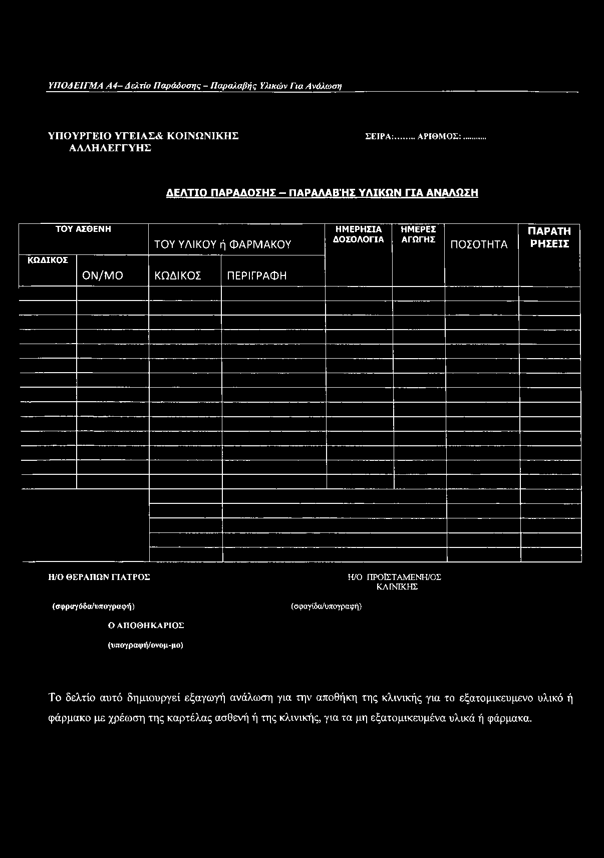 ΥΠΟΔΕΙΓΜ Α Α 4 Δ ελτίο Π α ράδοσ ης - Π αραλαβής Υλικών Γ ια Ανάλω ση ΥΠΟΥΡΓΕΙΟ ΥΓΕΙΑΣ& ΚΟΙΝΩΝΙΚΗΣ ΑΛΛΗΛΕΓΓΥΗΣ ΣΕΙΡΑ:.