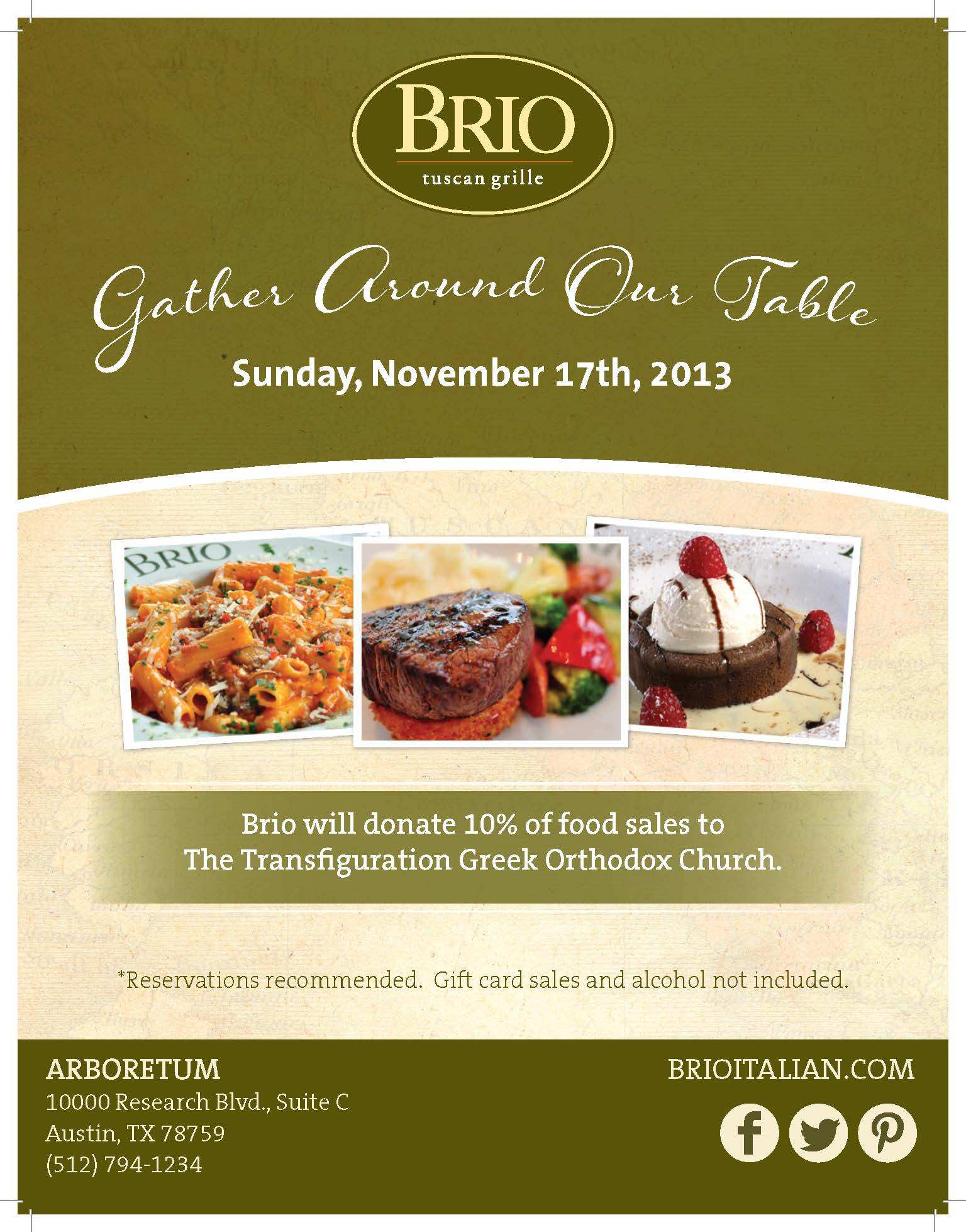 BRIO Tuscan Grille at the Arboretum Has extended a very special offer to our community of Transfiguration.