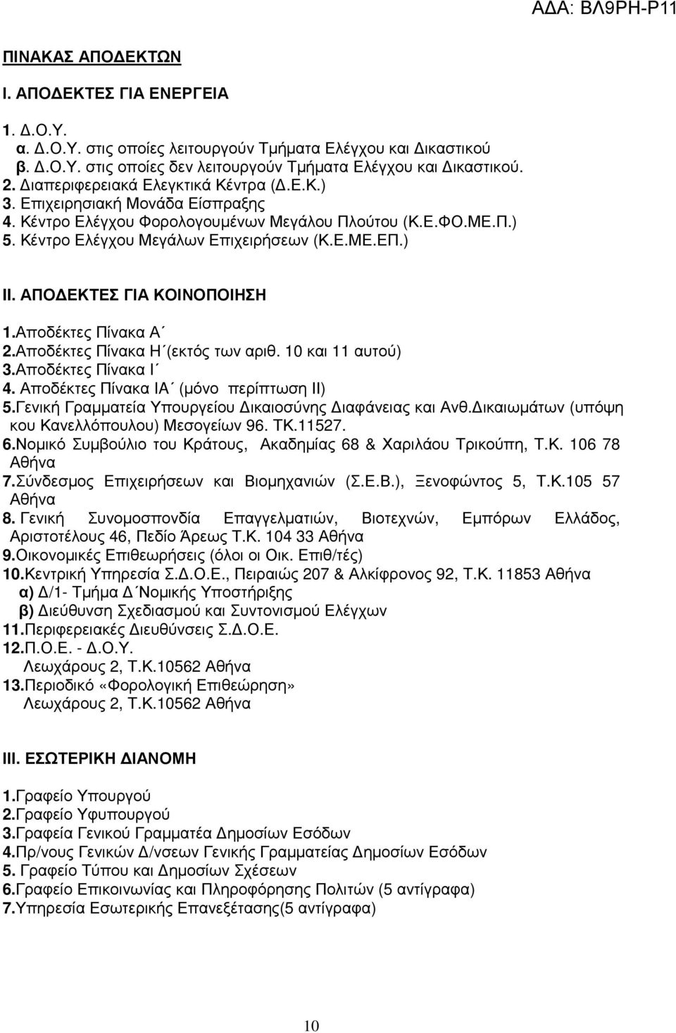 ΑΠΟ ΕΚΤΕΣ ΓΙΑ ΚΟΙΝΟΠΟΙΗΣΗ 1.Αποδέκτες Πίνακα Α 2.Αποδέκτες Πίνακα H (εκτός των αριθ. 10 και 11 αυτού) 3.Αποδέκτες Πίνακα I 4. Αποδέκτες Πίνακα IA (µόνο περίπτωση ΙΙ) 5.