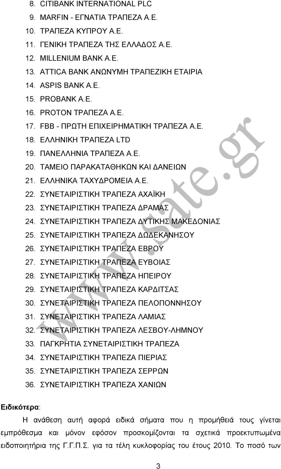 ΕΛΛΗΝΙΚΑ ΤΑΧΥΔΡΟΜΕΙΑ Α.Ε. 22. ΣΥΝΕΤΑΙΡΙΣΤΙΚΗ ΤΡΑΠΕΖΑ ΑΧΑΪΚΗ 23. ΣΥΝΕΤΑΙΡΙΣΤΙΚΗ ΤΡΑΠΕΖΑ ΔΡΑΜΑΣ 24. ΣΥΝΕΤΑΙΡΙΣΤΙΚΗ ΤΡΑΠΕΖΑ ΔΥΤΙΚΗΣ ΜΑΚΕΔΟΝΙΑΣ 25. ΣΥΝΕΤΑΙΡΙΣΤΙΚΗ ΤΡΑΠΕΖΑ ΔΩΔΕΚΑΝΗΣΟΥ 26.