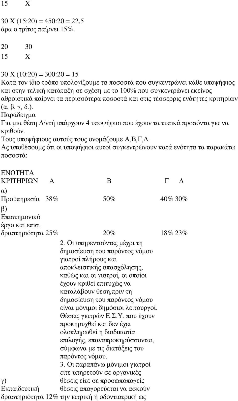 παίξλεη ηα πεξηζζφηεξα πνζνζηά θαη ζηηο ηέζζεξξηο ελφηεηεο θξηηεξίσλ (α, β, γ, δ.). Παξάδεηγκα Γηα κηα ζέζε Γ/ληή ππάξρνπλ 4 ππνςήθηνη πνπ έρνπλ ηα ηππηθά πξνζφληα γηα λα θξηζνχλ.