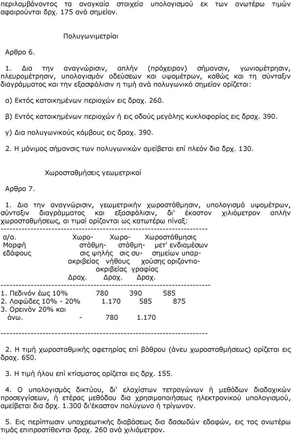 σημείον ορίζεται: α) Εκτός κατοικημένων περιοχών εις δραχ. 260. β) Εντός κατοικημένων περιοχών ή εις οδούς μεγάλης κυκλοφορίας εις δραχ. 390. γ) Δια πολυγωνικούς κόμβους εις δραχ. 390. 2. Η μόνιμος σήμανσις των πολυγωνικών αμείβεται επί πλεόν δια δρχ.