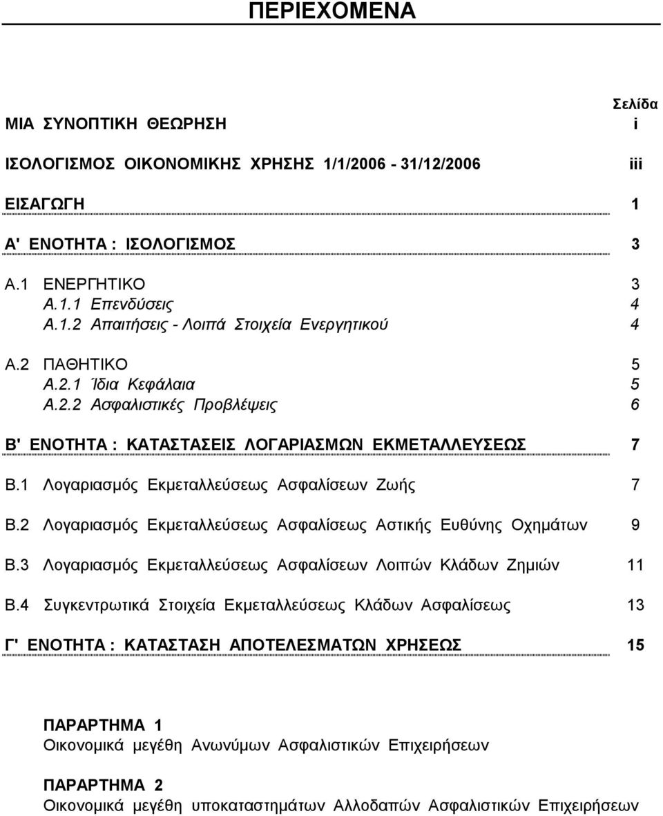 2 Λογαριασµός Εκµεταλλεύσεως Ασφαλίσεως Αστικής Ευθύνης Οχηµάτων 9 Β.3 Λογαριασµός Εκµεταλλεύσεως Ασφαλίσεων Λοιπών Κλάδων Ζηµιών 11 Β.