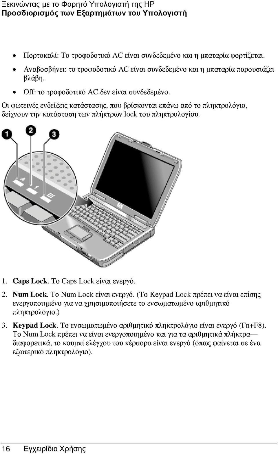 Οι φωτεινές ενδείξεις κατάστασης, που βρίσκονται επάνω από το πληκτρολόγιο, δείχνουν την κατάσταση των πλήκτρων lock του πληκτρολογίου. 1. Caps Lock. Το Caps Lock είναι ενεργό. 2. Num Lock.