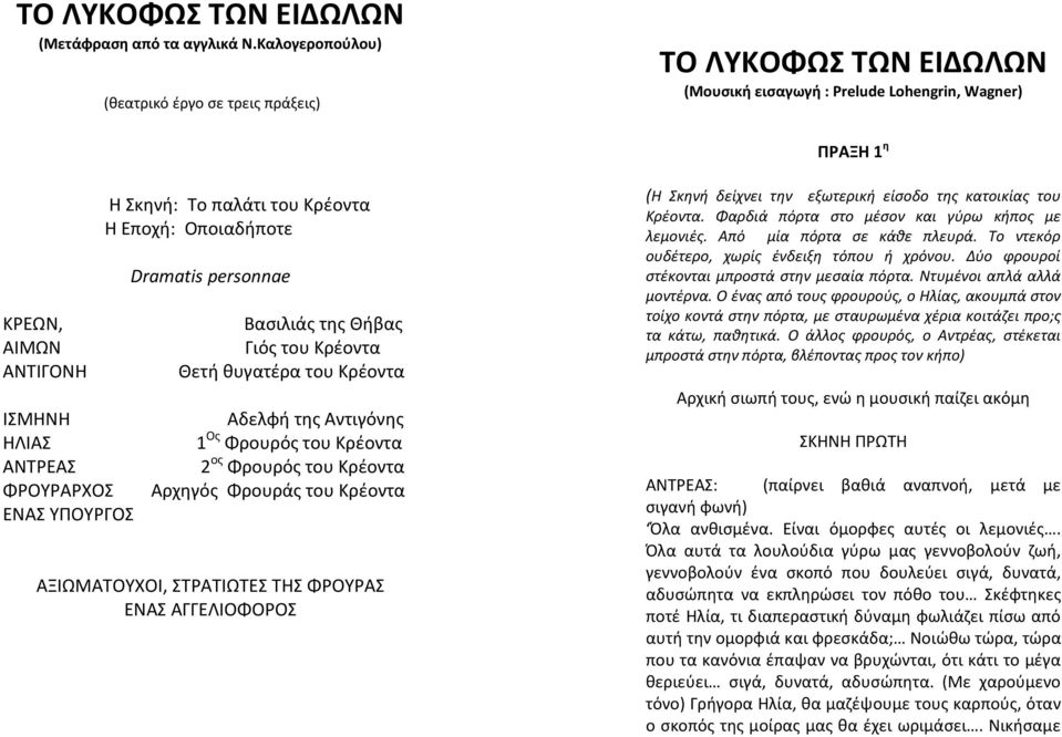 Σκηνή: Το παλάτι του Κρέοντα Η Εποχή: Οποιαδήποτε Dramatis personnae Βασιλιάς της Θήβας Γιός του Κρέοντα Θετή θυγατέρα του Κρέοντα Αδελφή της Αντιγόνης 1 Ος Φρουρός του Κρέοντα 2 ος Φρουρός του