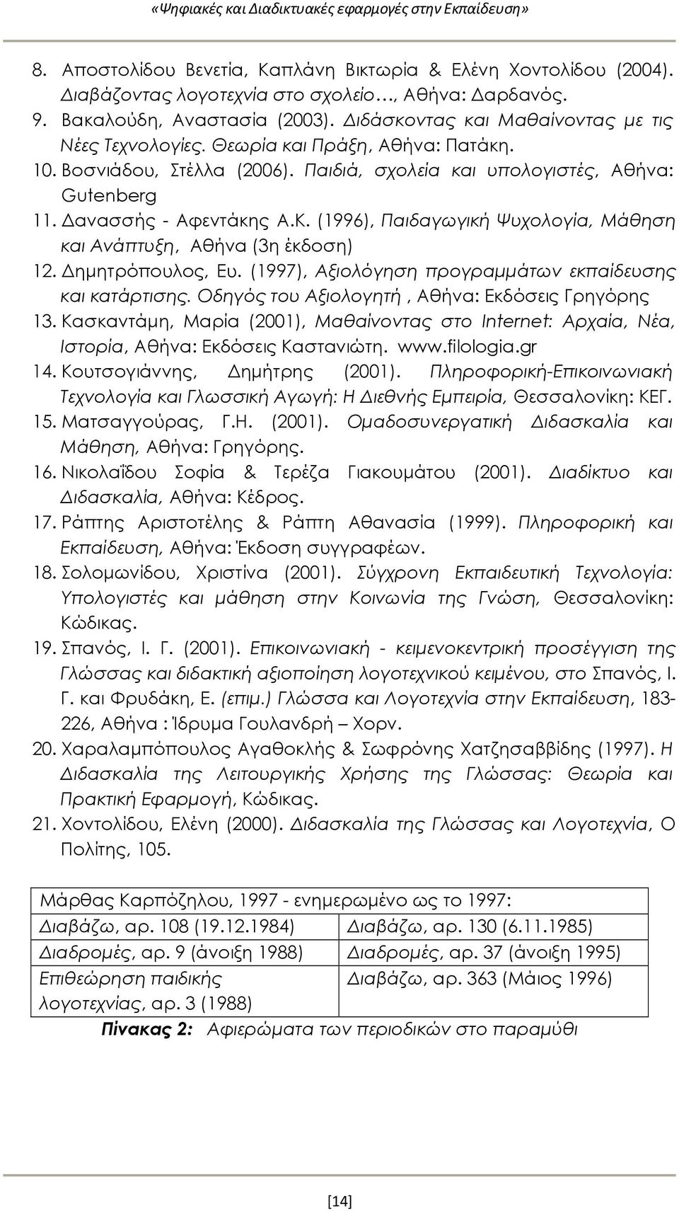 Δανασσής - Αφεντάκης Α.Κ. (1996), Παιδαγωγική Ψυχολογία, Μάθηση και Ανάπτυξη, Αθήνα (3η έκδοση) 12. Δημητρόπουλος, Ευ. (1997), Αξιολόγηση προγραμμάτων εκπαίδευσης και κατάρτισης.