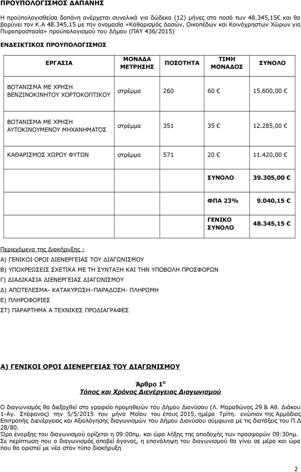 ΜΟΝΑΔΟΣ ΣΥΝΟΛΟ ΒΟΤΑΝΙΣΜΑ ΜΕ ΧΡΗΣΗ ΒΕΝΖΙΝΟΚΙΝΗΤΟΥ ΧΟΡΤΟΚΟΠΤΙΚΟΥ στρέμμα 260 60 15.600,00 ΒΟΤΑΝΙΣΜΑ ΜΕ ΧΡΗΣΗ AYTOKINOYMENOY MHXANHMATOΣ στρέμμα 351 35 12.285,00 ΚΑΘΑΡΙΣΜΟΣ ΧΩΡΟΥ ΦΥΤΩΝ στρέμμα 571 20 11.