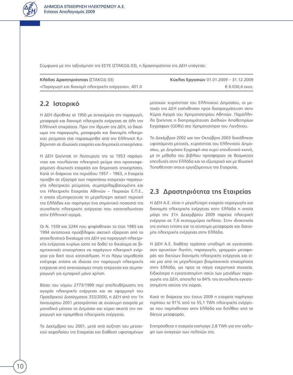 2 Ιστορικό Η ΔΕΗ ιδρύθηκε το 1950 με αντικείμενο την παραγωγή, μεταφορά και διανομή ηλεκτρικής ενέργειας σε όλη την Ελληνική επικράτεια.