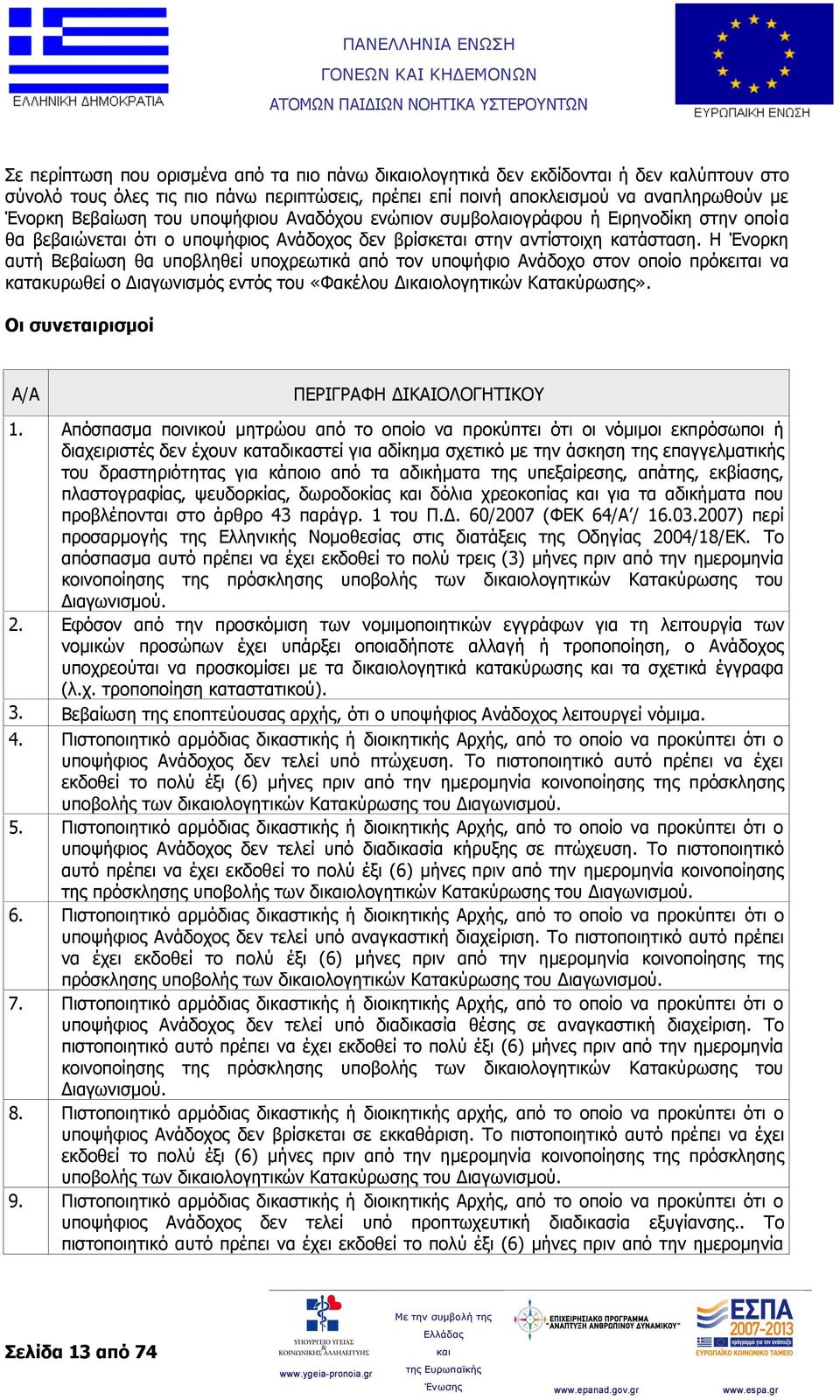 Η Ένορκη αυτή Βεβαίωση θα υποβληθεί υποχρεωτικά από τον υποψήφιο Ανάδοχο στον οποίο πρόκειται να κατακυρωθεί ο Διαγωνισμός εντός του «Φακέλου Διολογητικών Κατακύρωσης».