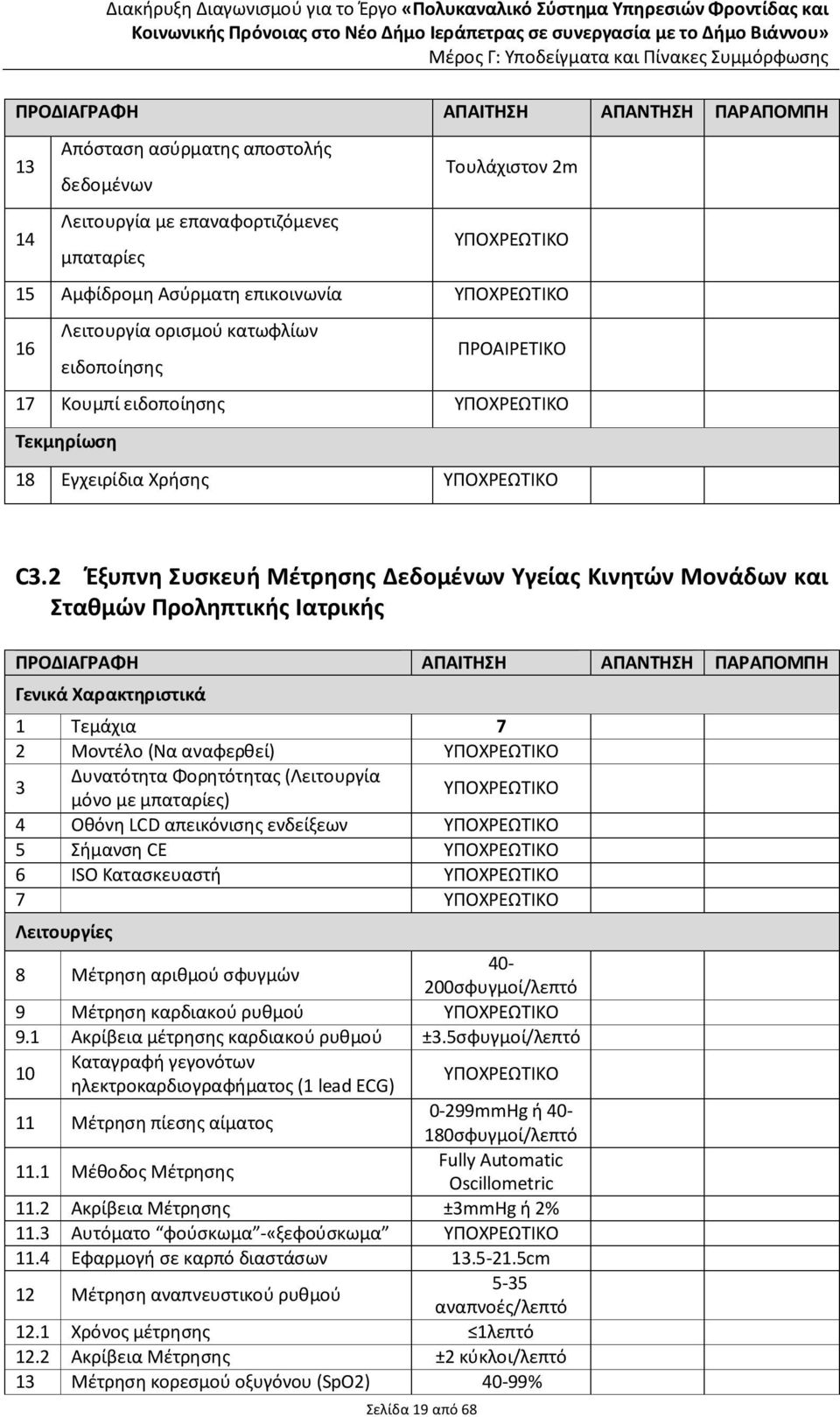 2 Έξυπνη Συσκευή Μέτρησης Δεδομένων Υγείας Κινητών Μονάδων και Σταθμών Προληπτικής Ιατρικής Γενικά Χαρακτηριστικά 1 Τεμάχια 7 2 Μοντέλο (Να αναφερθεί) 3 Δυνατότητα Φορητότητας (Λειτουργία μόνο με