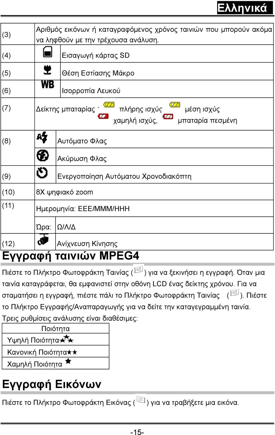 Αυτόματου Χρονοδιακόπτη (10) 8X ψηφιακό zoom (11) Ημερομηνία: ΕΕΕ/ΜΜΜ/ΗΗΗ Ώρα: Ω/Λ/Δ (12) Ανίχνευση Κίνησης Εγγραφή ταινιών MPEG4 Πιέστε το Πλήκτρο Φωτοφράκτη Ταινίας ( ) για να ξεκινήσει η εγγραφή.