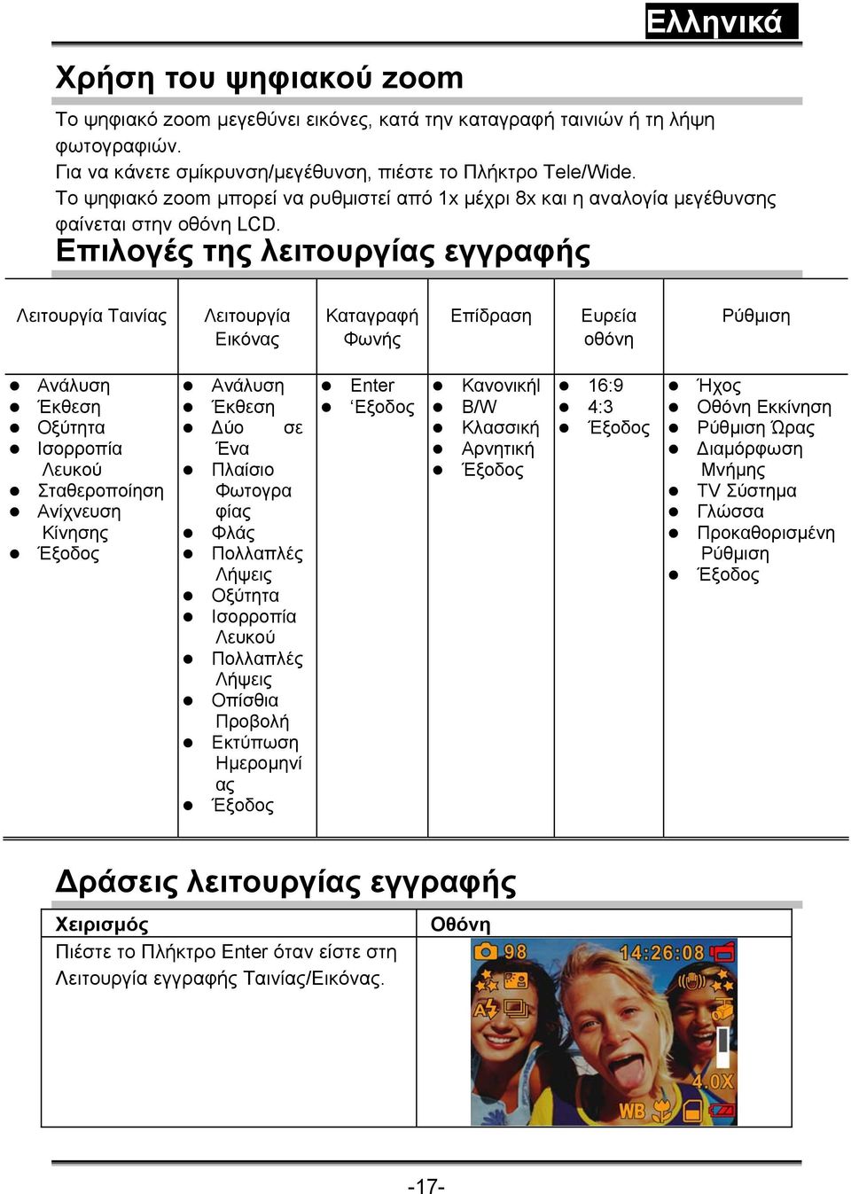 Επιλογές της λειτουργίας εγγραφής Λειτουργία Ταινίας Λειτουργία Εικόνας Καταγραφή Φωνής Επίδραση Ευρεία οθόνη Ρύθμιση Ανάλυση Έκθεση Οξύτητα Ισορροπία Λευκού Σταθεροποίηση Ανίχνευση Κίνησης Έξοδος