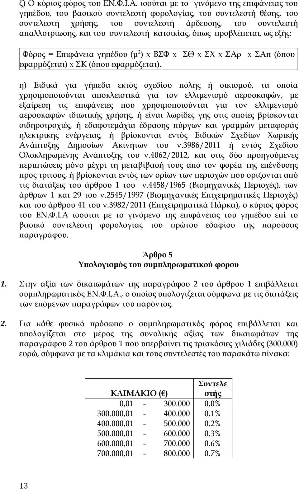 συντελεστή κατοικίας, όπως προβλέπεται, ως εξής: Φόρος = Επιφάνεια γηπέδου (μ 2 ) x ΒΣΦ x ΣΘ x ΣΧ x ΣΑρ x ΣΑπ (όπου εφαρμόζεται) x ΣΚ (όπου εφαρμόζεται).