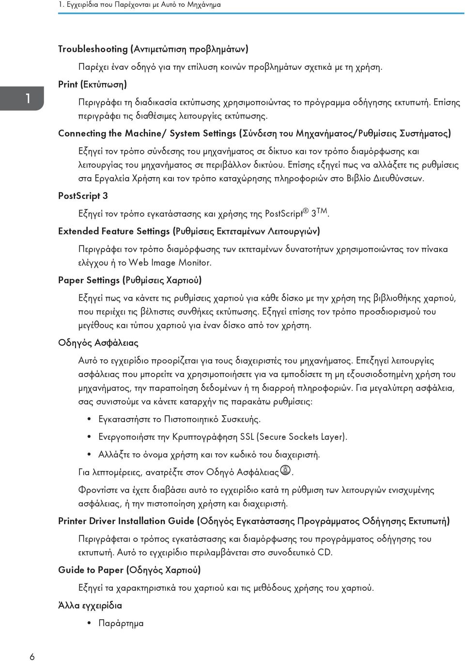 Connecting the Machine/ System Settings (Σύνδεση του Μηχανήματος/Ρυθμίσεις Συστήματος) Εξηγεί τον τρόπο σύνδεσης του μηχανήματος σε δίκτυο και τον τρόπο διαμόρφωσης και λειτουργίας του μηχανήματος σε