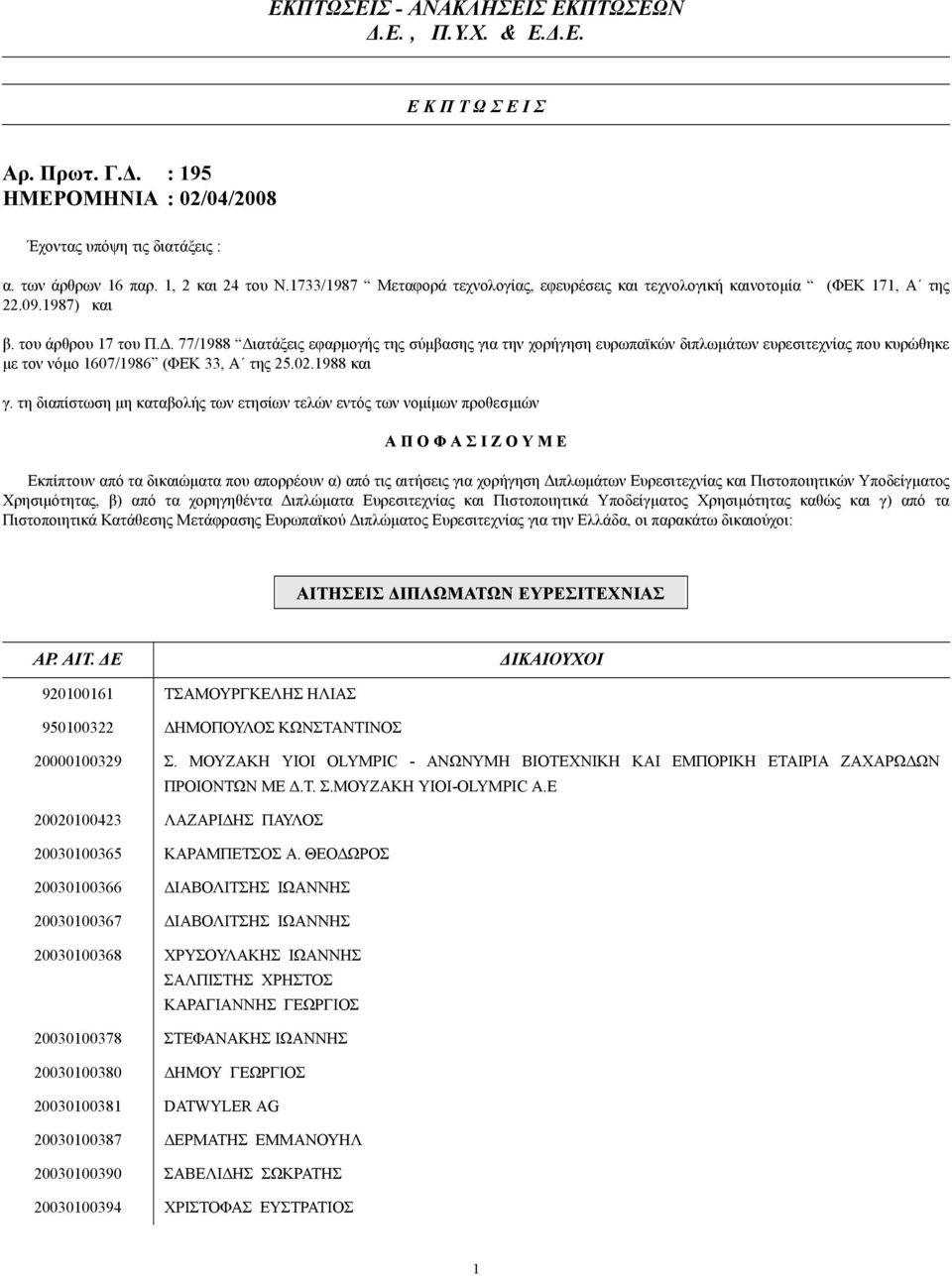 . 77/1988 ιατάξεις εφαρµογής της σύµβασης για την χορήγηση ευρωπαϊκών διπλωµάτων ευρεσιτεχνίας που κυρώθηκε µε τον νόµο 1607/1986 (ΦΕΚ 33, Α της 25.02.1988 και γ.