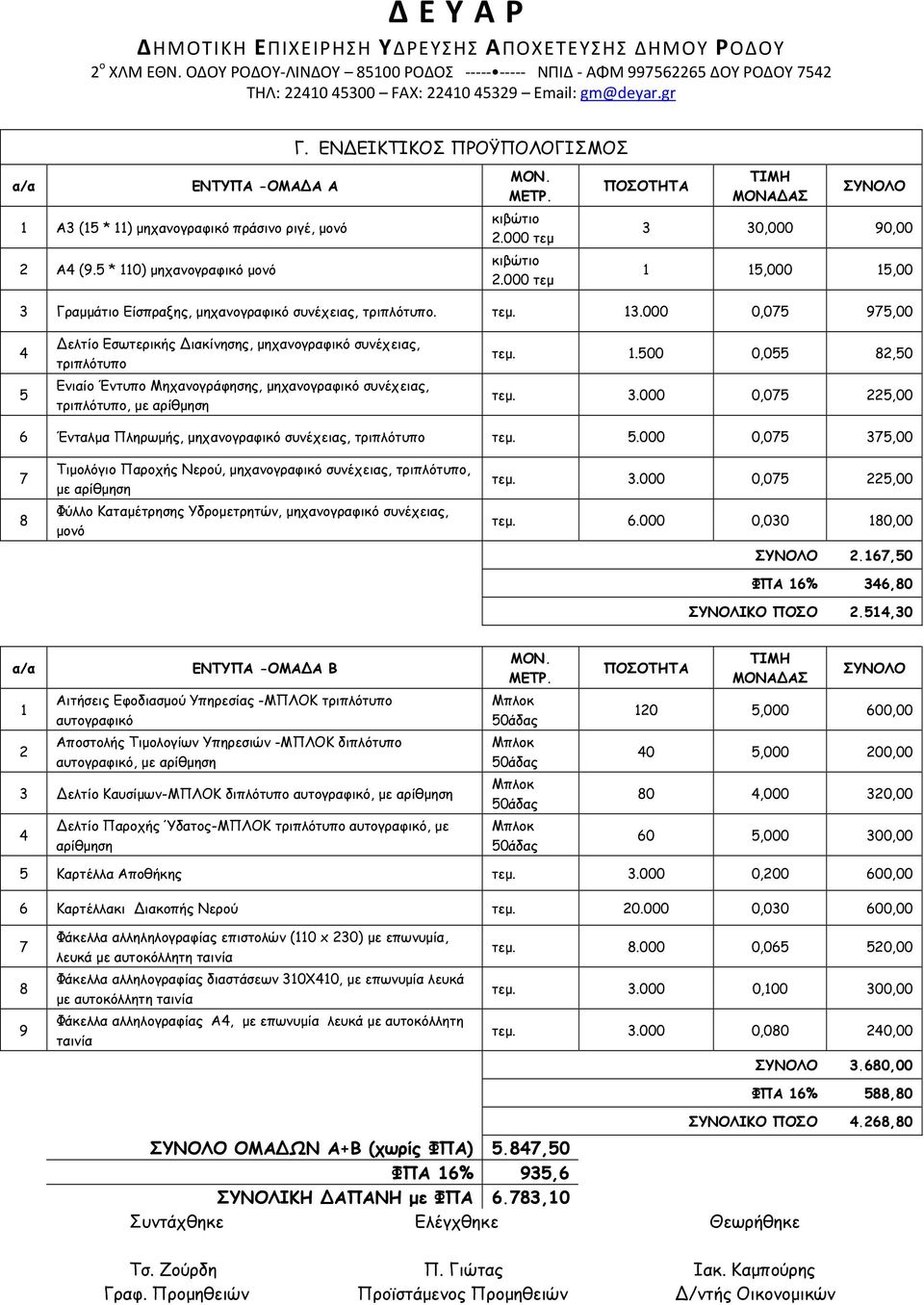 000 0,075 975,00 4 5 Δελτίο Εσωτερικής Διακίνησης, μηχανογραφικό συνέχειας, τριπλότυπο Ενιαίο Έντυπο Μηχανογράφησης, μηχανογραφικό συνέχειας, τριπλότυπο, με αρίθμηση τεμ. 1.500 0,055 82,50 τεμ. 3.