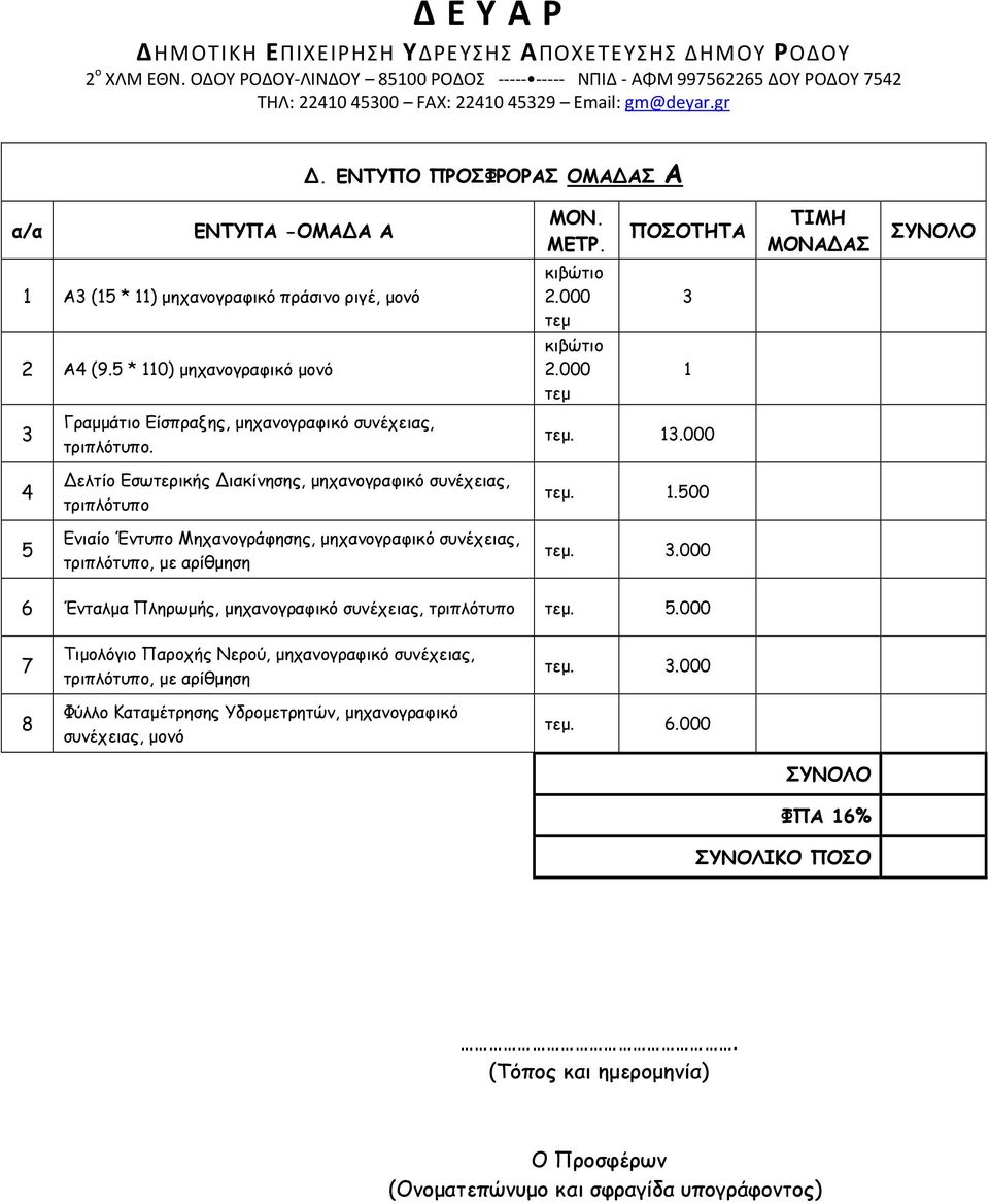 000 4 5 Δελτίο Εσωτερικής Διακίνησης, μηχανογραφικό συνέχειας, τριπλότυπο Ενιαίο Έντυπο Μηχανογράφησης, μηχανογραφικό συνέχειας, τριπλότυπο, με αρίθμηση τεμ. 1.500 τεμ. 3.