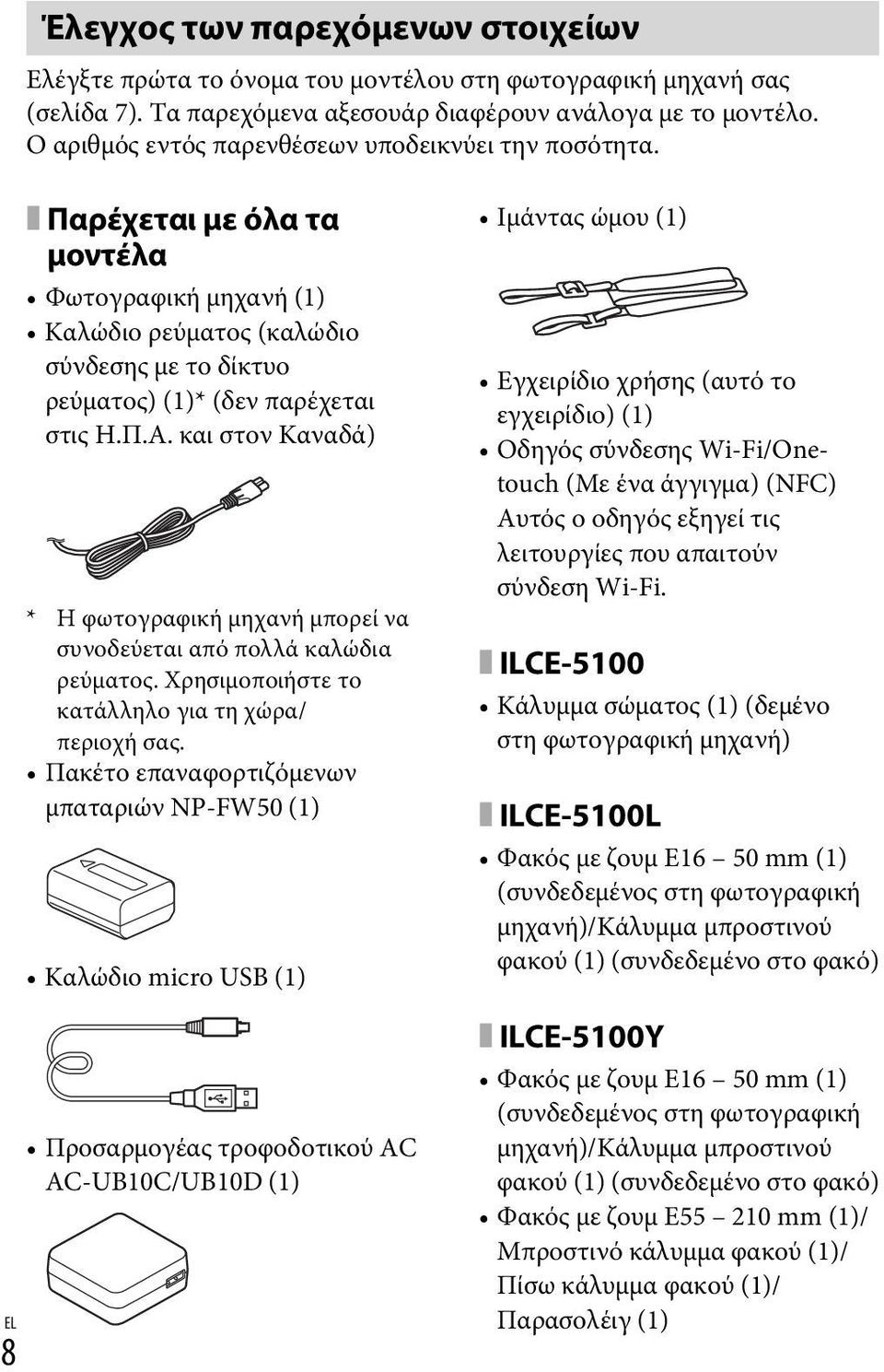 και στον Καναδά) * Η φωτογραφική μηχανή μπορεί να συνοδεύεται από πολλά καλώδια ρεύματος. Χρησιμοποιήστε το κατάλληλο για τη χώρα/ περιοχή σας.