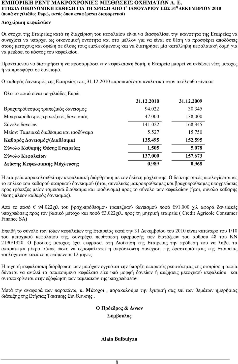 Προκειµένου να διατηρήσει ή να προσαρµόσει την κεφαλαιακή δοµή, η Εταιρεία µπορεί να εκδώσει νέες µετοχές ή να προσφύγει σε δανεισµό. Ο καθαρός δανεισµός της Εταιρείας στις 31.12.