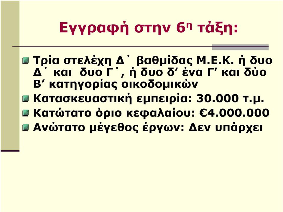 οικοδοµικών Κατασκευαστική εµπειρία: 30.000 τ.µ. Κατώτατο όριο κεφαλαίου: 4.