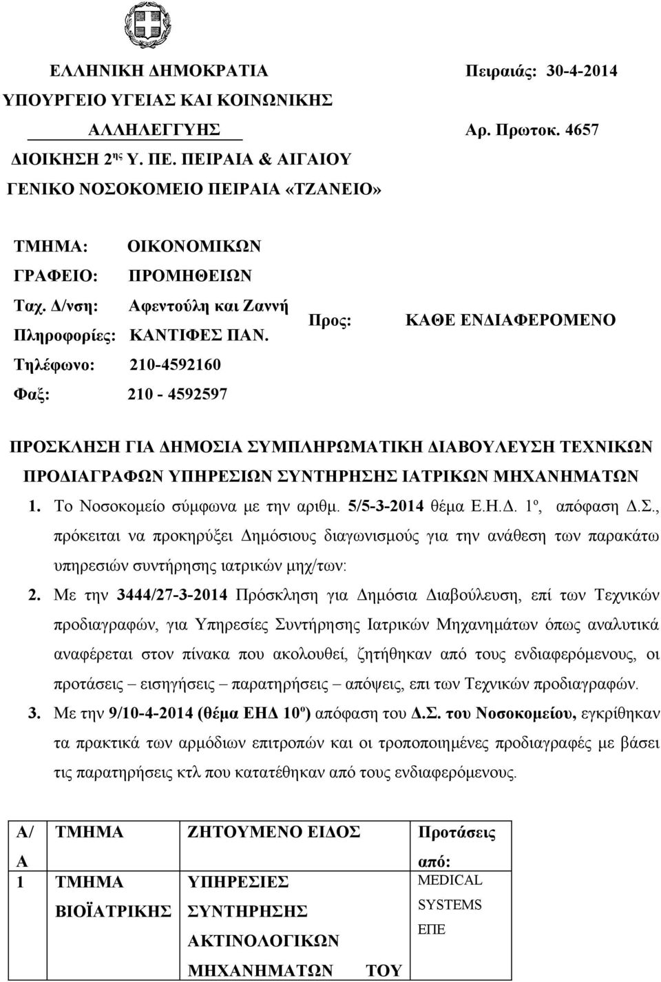 Τηλέφωνο: 210-4592160 Φαξ: 210-4592597 Προς: ΚΑΘΕ ΕΝΔΙΑΦΕΡΟΜΕΝΟ ΠΡΟΣΚΛΗΣΗ ΓΙΑ ΔΗΜΟΣΙΑ ΣΥΜΠΛΗΡΩΜΑΤΙΚΗ ΔΙΑΒΟΥΛΕΥΣΗ ΤΕΧΝΙΚΩΝ ΠΡΟΔΙΑΓΡΑΦΩΝ ΥΠΗΡΕΣΙΩΝ ΣΥΝΤΗΡΗΣΗΣ ΙΑΤΡΙΚΩΝ ΜΗΧΑΝΗΜΑΤΩΝ 1.