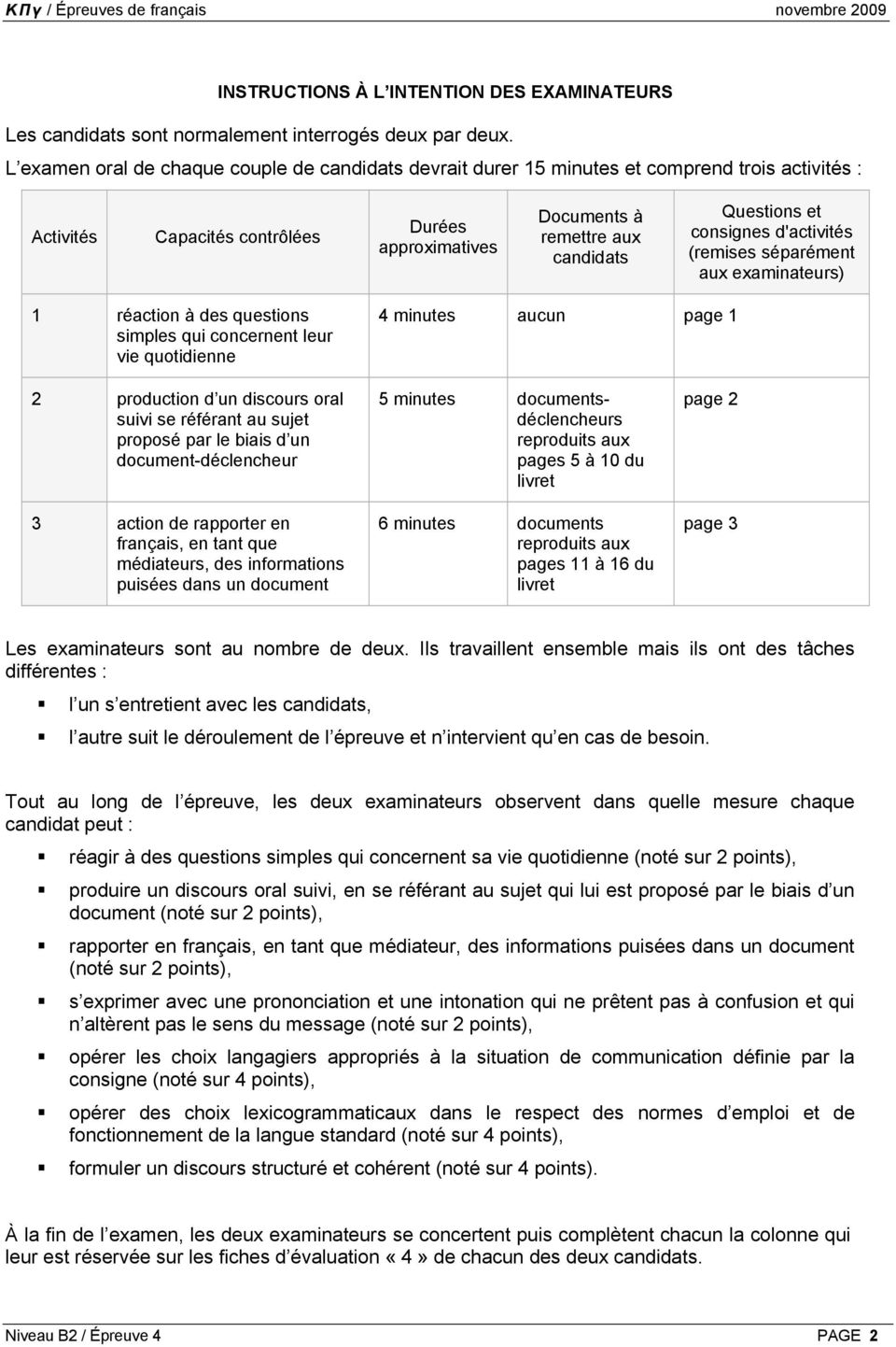 consignes d'activités (remises séparément aux examinateurs) 1 réaction à des questions simples qui concernent leur vie quotidienne 4 minutes aucun page 1 2 production d un discours oral suivi se