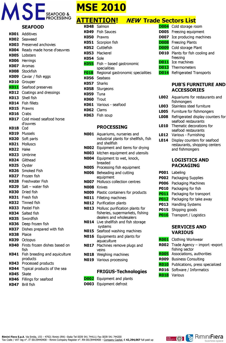 K023 Umbrine K024 Gilthead K025 Oyster K026 Smoked Fish K027 Frozen fish K028 Freshwater Fish K029 Salt water fish K030 Dried fish K031 Fresh fish K032 Tinned fish K033 Pastel Fish K034 Salted fish