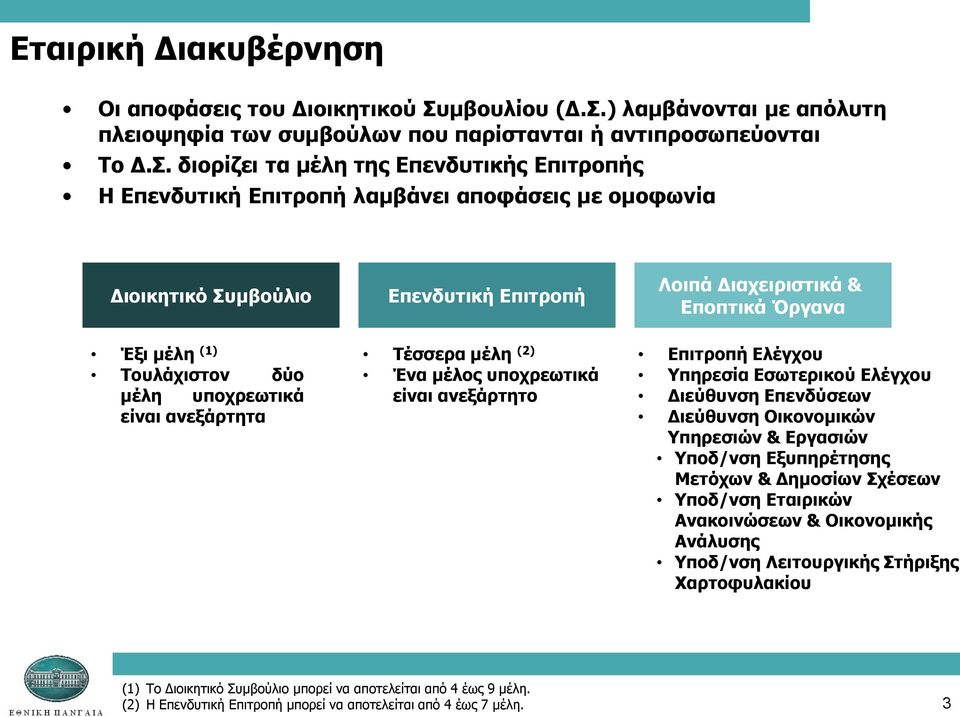 Δπηηξνπή Σέζζεξα κέιε (2) Έλα κέινο ππνρξεσηηθά είλαη αλεμάξηεην Λνηπά Γηαρεηξηζηηθά & Δπνπηηθά Όξγαλα Δπηηξνπή Διέγρνπ Τπεξεζία Δζσηεξηθνύ Διέγρνπ Γηεύζπλζε Δπελδύζεσλ Γηεύζπλζε Οηθνλνκηθώλ