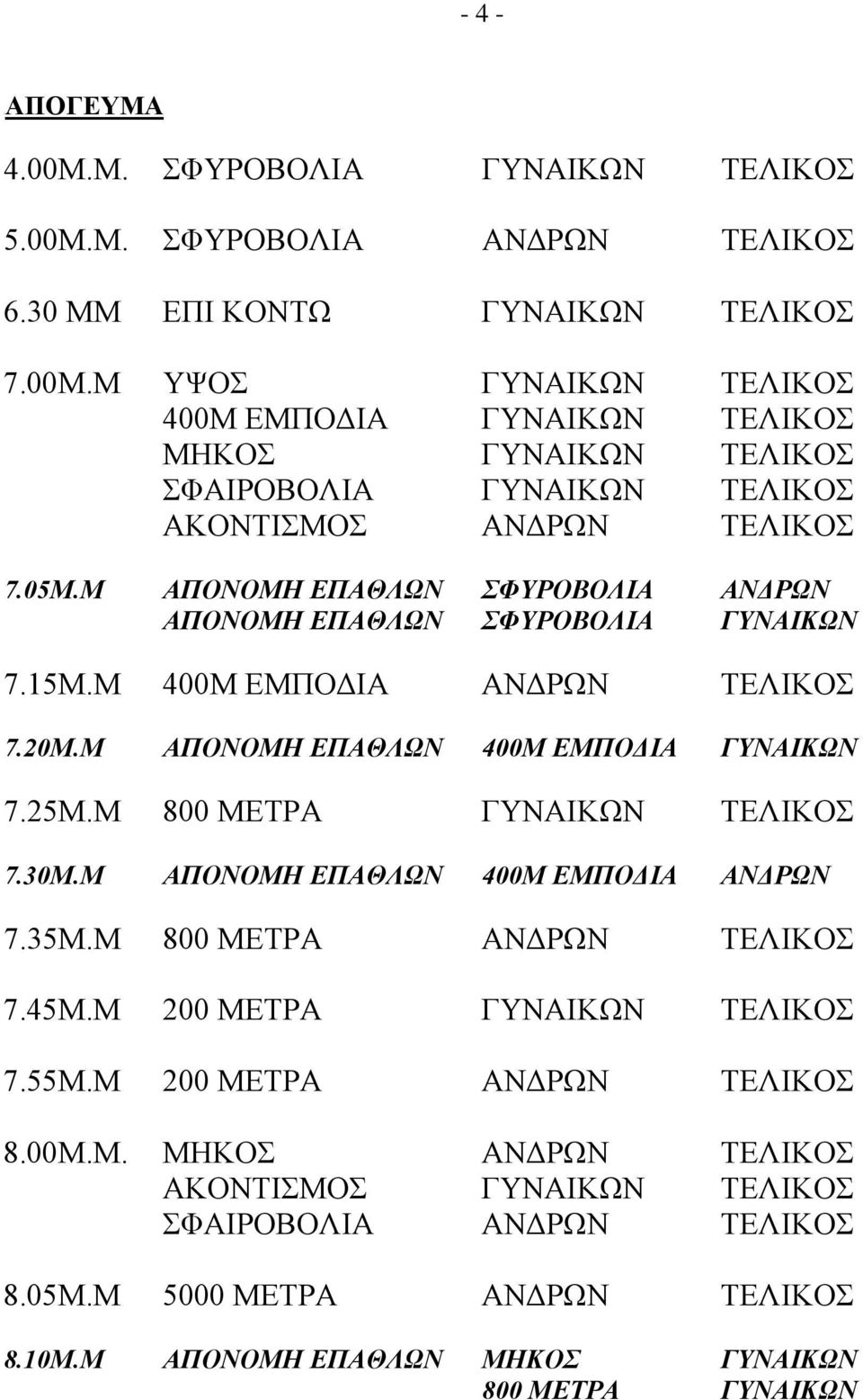 30Μ.Μ ΑΠΟΝΟΜΗ ΕΠΑΘΛΩΝ 400Μ ΕΜΠΟΔΙΑ ΑΝΔΡΩΝ 7.35Μ.Μ 800 ΜΕΤΡΑ ΑΝΔΡΩΝ ΤΕΛΙΚΟΣ 7.45Μ.Μ 200 ΜΕΤΡΑ ΓΥΝΑΙΚΩΝ ΤΕΛΙΚΟΣ 7.55Μ.Μ 200 ΜΕΤΡΑ ΑΝΔΡΩΝ ΤΕΛΙΚΟΣ 8.00Μ.Μ. ΜΗΚΟΣ ΑΝΔΡΩΝ ΤΕΛΙΚΟΣ ΑΚΟΝΤΙΣΜΟΣ ΓΥΝΑΙΚΩΝ ΤΕΛΙΚΟΣ ΣΦΑΙΡΟΒΟΛΙΑ ΑΝΔΡΩΝ ΤΕΛΙΚΟΣ 8.