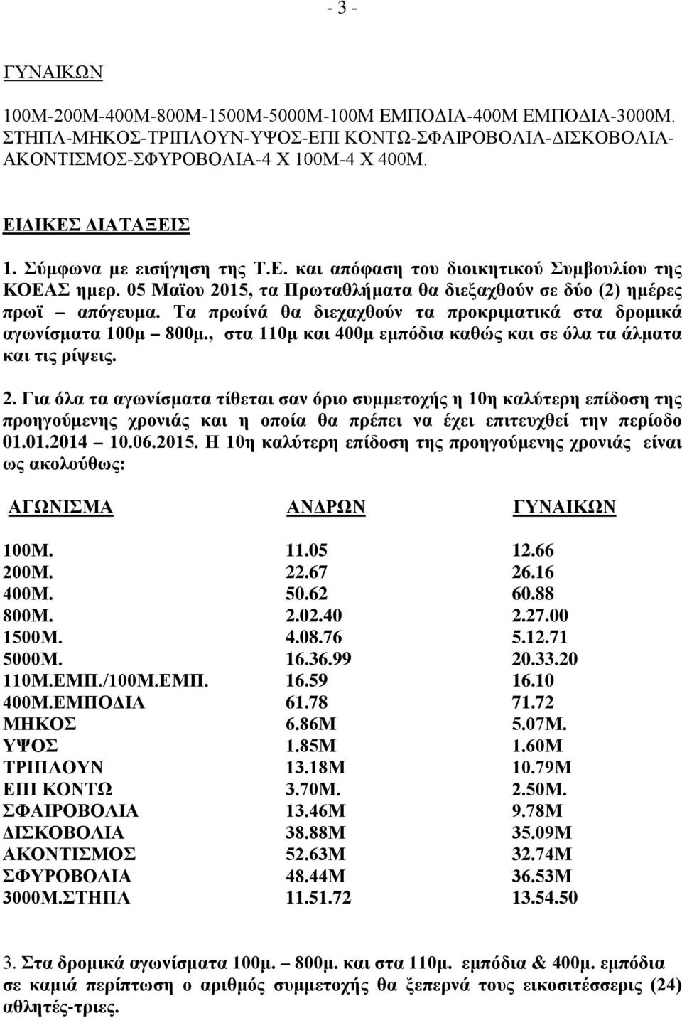 Τα πρωίνά θα διεχαχθούν τα προκριματικά στα δρομικά αγωνίσματα 100μ 800μ., στα 110μ και 400μ εμπόδια καθώς και σε όλα τα άλματα και τις ρίψεις. 2.