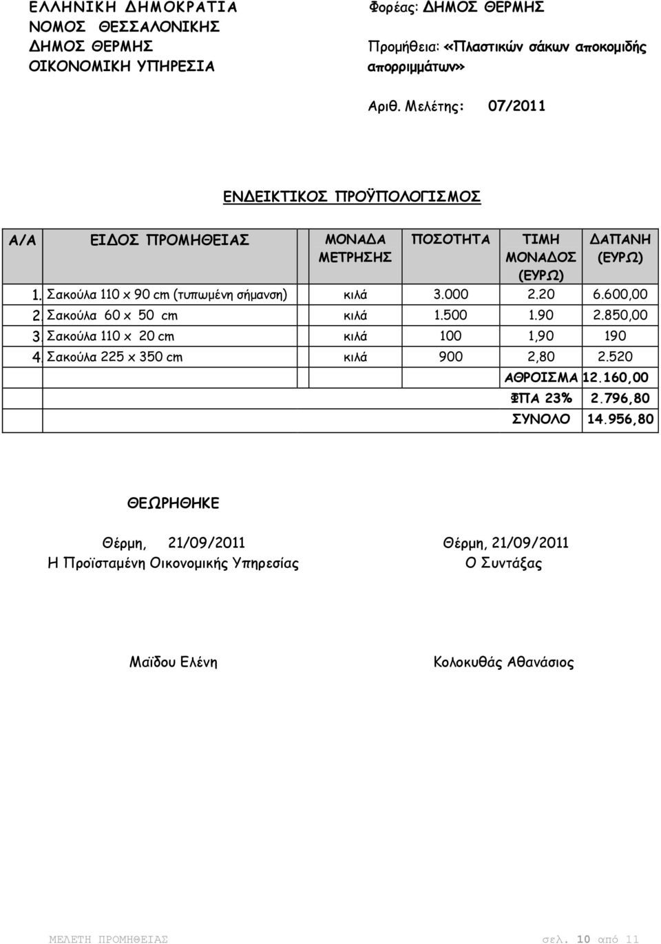90 2.850,00 3. Σακούλα 110 x 20 cm κιλά 100 1,90 190 4. Σακούλα 225 x 350 cm κιλά 900 2,80 2.520 ΑΘΡΟΙΣΜΑ 12.160,00 ΦΠΑ 23% 2.