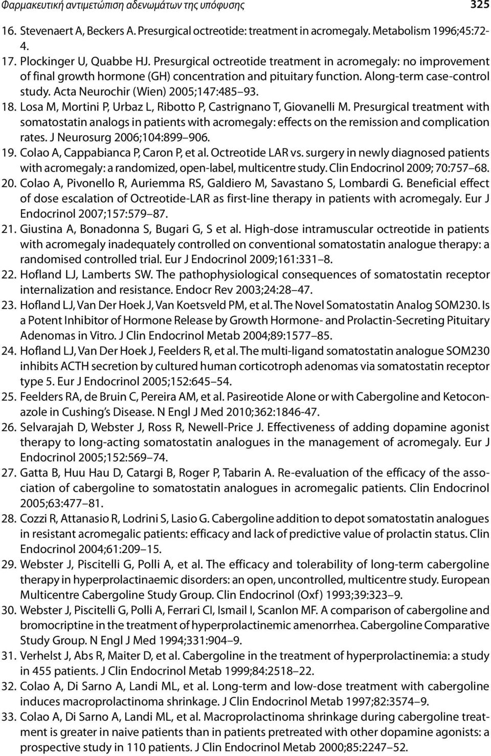 18. Losa M, Mortini P, Urbaz L, Ribotto P, Castrignano T, Giovanelli M. Presurgical treatment with somatostatin analogs in patients with acromegaly: effects on the remission and complication rates.