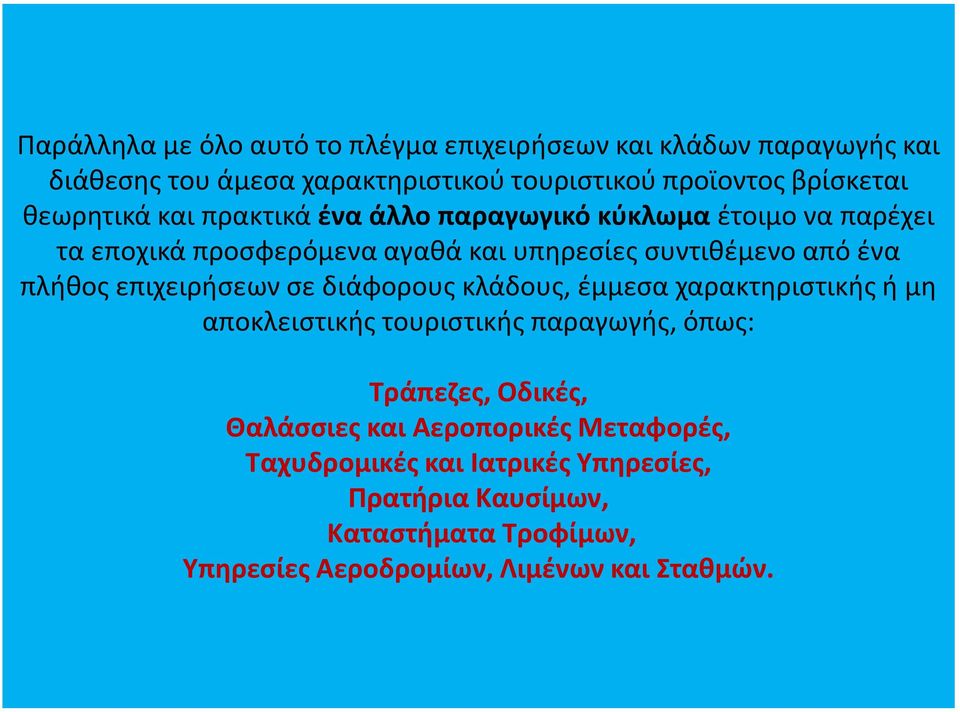 επιχειρήσεων σε διάφορους κλάδους, έμμεσα χαρακτηριστικής ή μη αποκλειστικής τουριστικής παραγωγής, όπως: Τράπεζες, Οδικές, Θαλάσσιες και