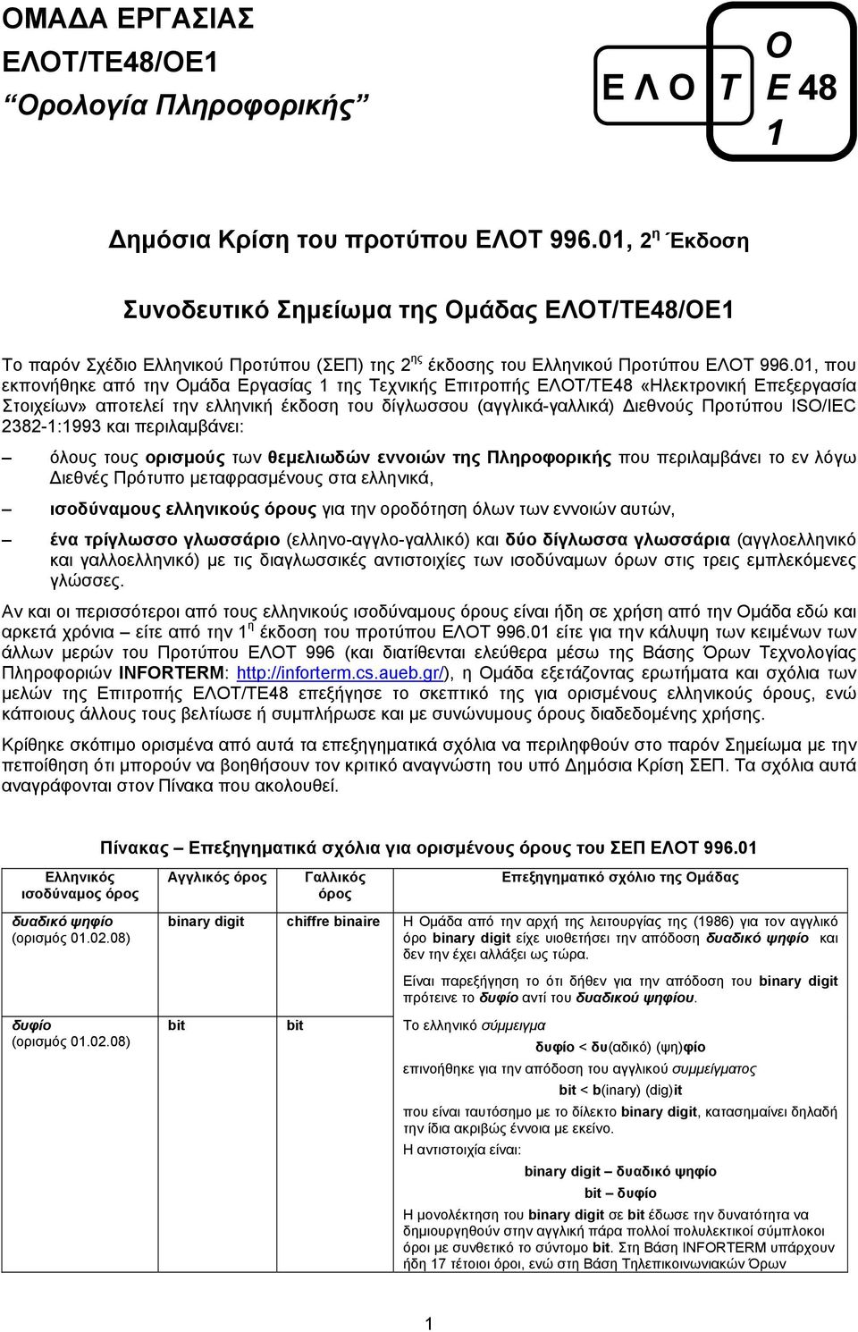 0, που εκπονήθηκε από την Ομάδα Εργασίας της Τεχνικής Επιτροπής ΕΛΟΤ/ΤΕ48 «Ηλεκτρονική Επεξεργασία Στοιχείων» αποτελεί την ελληνική έκδοση του δίγλωσσου (αγγλικά-γαλλικά) Διεθνούς Προτύπου ISO/IEC