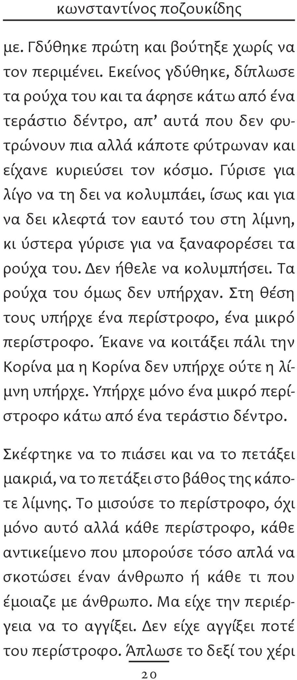 Γύρισε για λίγο να τη δει να κολυμπάει, ίσως και για να δει κλεφτά τον εαυτό του στη λίμνη, κι ύστερα γύρισε για να ξαναφορέσει τα ρούχα του. Δεν ήθελε να κολυμπήσει. Τα ρούχα του όμως δεν υπήρχαν.