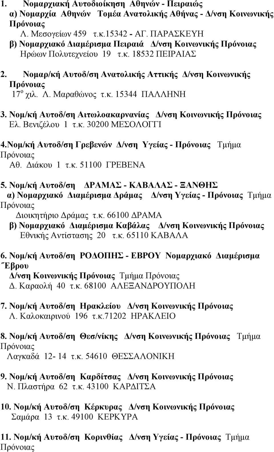 Νοµ/κή Αυτοδ/ση Αιτωλοακαρνανίας /νση Κοινωνικής Ελ. Βενιζέλου 1 τ.κ. 30200 ΜΕΣΟΛΟΓΓΙ 4.Νοµ/κή Αυτοδ/ση Γρεβενών /νση Υγείας - Τµήµα Αθ. ιάκου 1 τ.κ. 51100 ΓΡΕΒΕΝΑ 5.