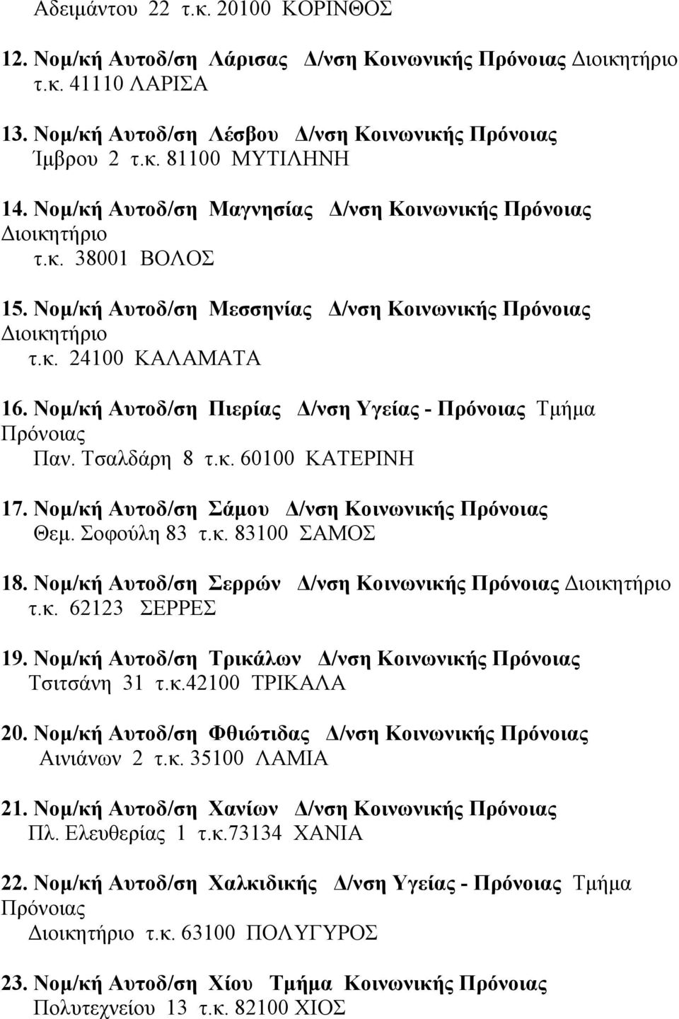 Τσαλδάρη 8 τ.κ. 60100 ΚΑΤΕΡΙΝΗ 17. Νοµ/κή Αυτοδ/ση Σάµου /νση Κοινωνικής Θεµ. Σοφούλη 83 τ.κ. 83100 ΣΑΜΟΣ 18. Νοµ/κή Αυτοδ/ση Σερρών /νση Κοινωνικής ιοικητήριο τ.κ. 62123 ΣΕΡΡΕΣ 19.