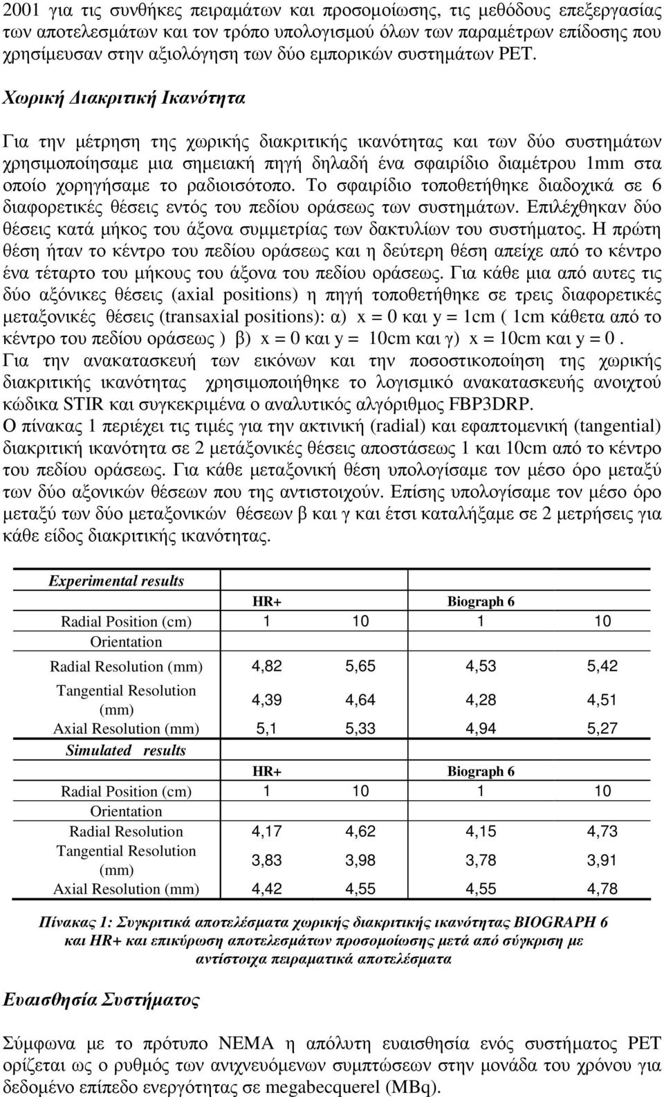 Χωρική ιακριτική Ικανότητα Για την µέτρηση της χωρικής διακριτικής ικανότητας και των δύο συστηµάτων χρησιµοποίησαµε µια σηµειακή πηγή δηλαδή ένα σφαιρίδιο διαµέτρου 1mm στα οποίο χορηγήσαµε το