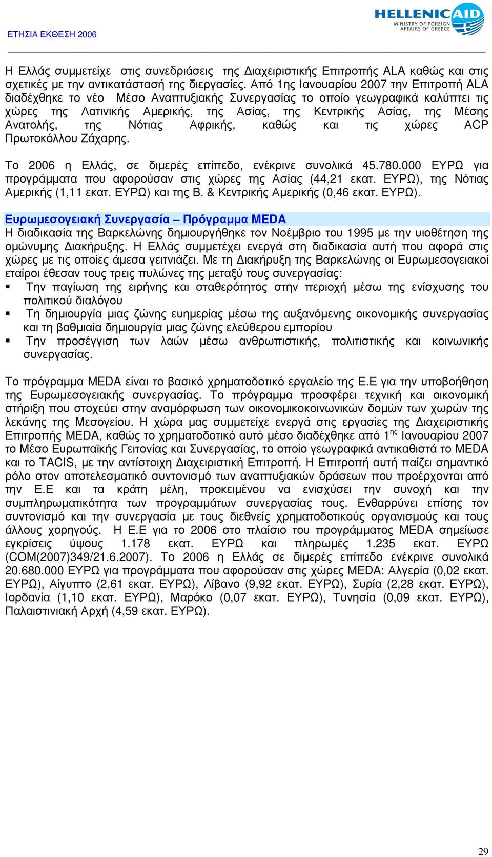 Ανατολής, της Νότιας Αφρικής, καθώς και τις χώρες ΑCP Πρωτοκόλλου Ζάχαρης. Το 2006 η Ελλάς, σε διµερές επίπεδο, ενέκρινε συνολικά 45.780.