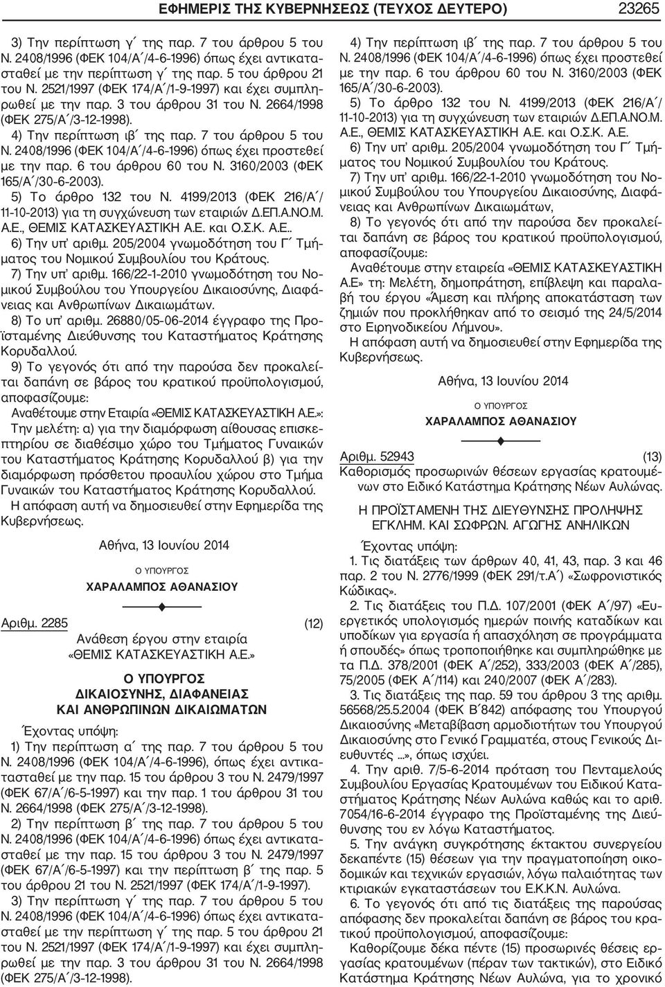 2408/1996 (ΦΕΚ 104/Α /4 6 1996) όπως έχει προστεθεί με την παρ. 6 του άρθρου 60 του Ν. 3160/2003 (ΦΕΚ 165/Α /30 6 2003). 5) Το άρθρο 132 του Ν.