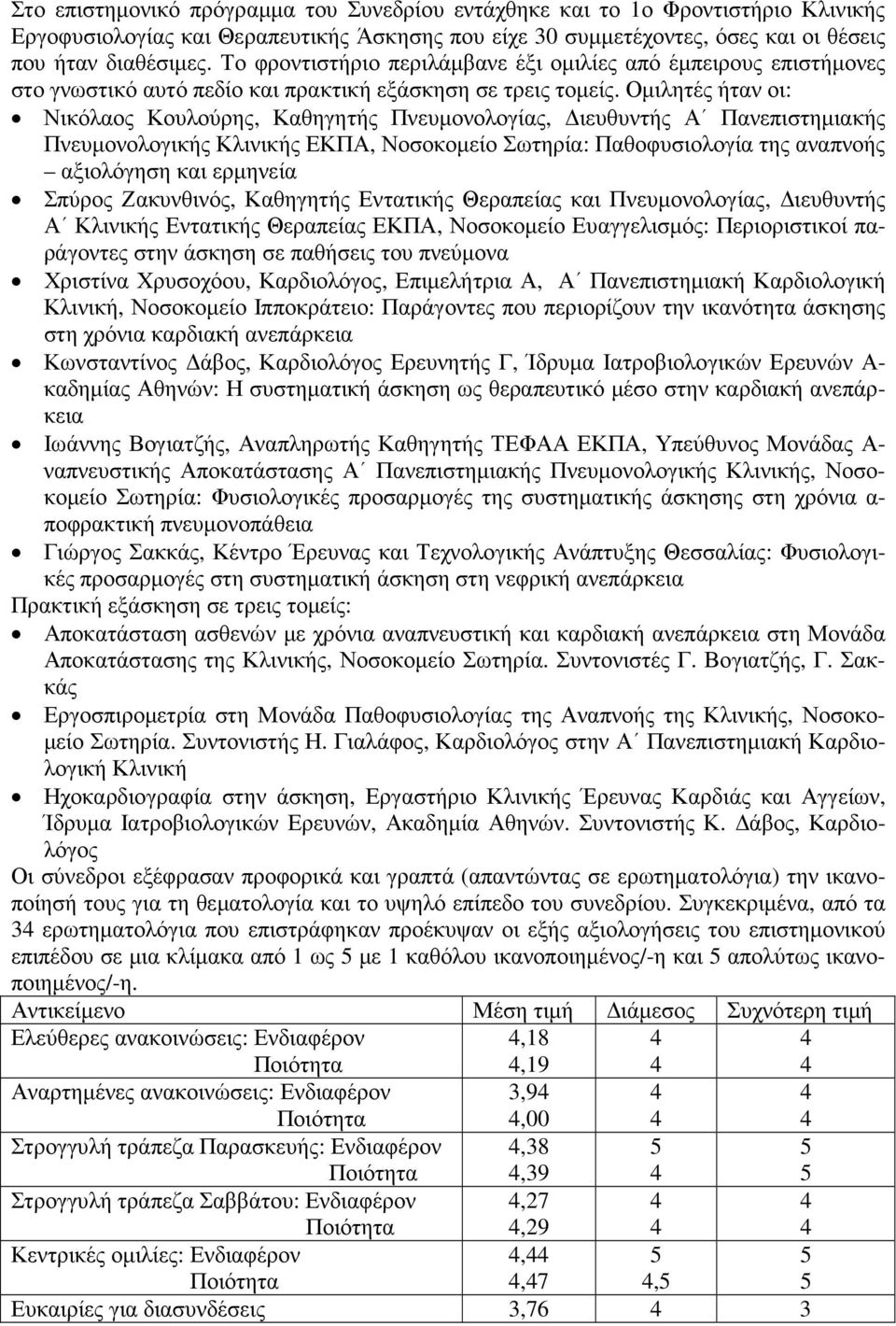 Οµιλητές ήταν οι: Νικόλαος Κουλούρης, Καθηγητής Πνευµονολογίας, ιευθυντής Α Πανεπιστηµιακής Πνευµονολογικής Κλινικής ΕΚΠΑ, Νοσοκοµείο Σωτηρία: Παθοφυσιολογία της αναπνοής αξιολόγηση και ερµηνεία