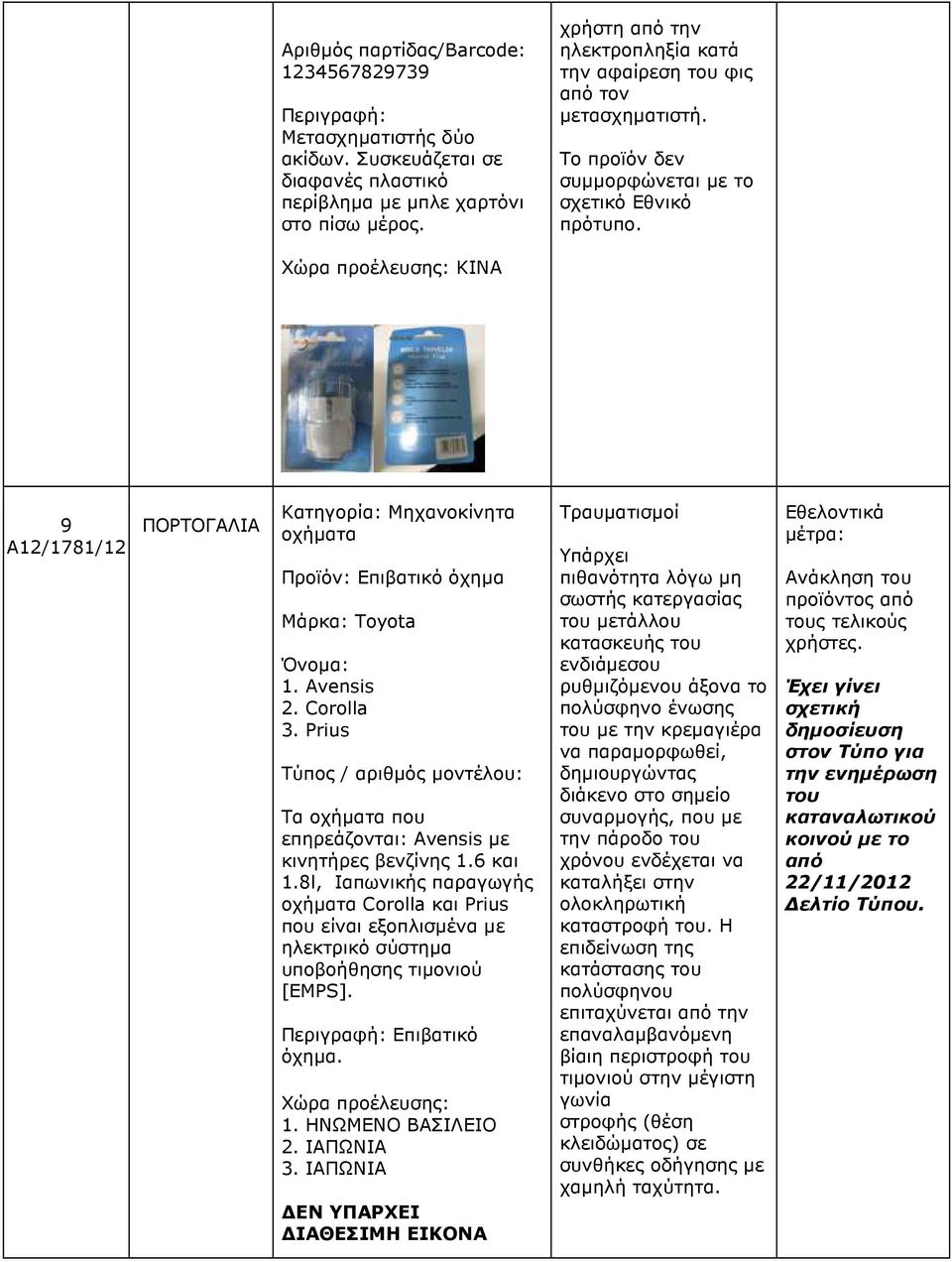 9 A12/1781/12 ΠΟΡΤΟΓΑΛΙΑ Κατηγορία: Μηχανοκίνητα οχήµατα Προϊόν: Επιβατικό όχηµα Μάρκα: Toyota Όνοµα: 1. Avensis 2. Corolla 3. Prius Τα οχήµατα που επηρεάζονται: Avensis µε κινητήρες βενζίνης 1.