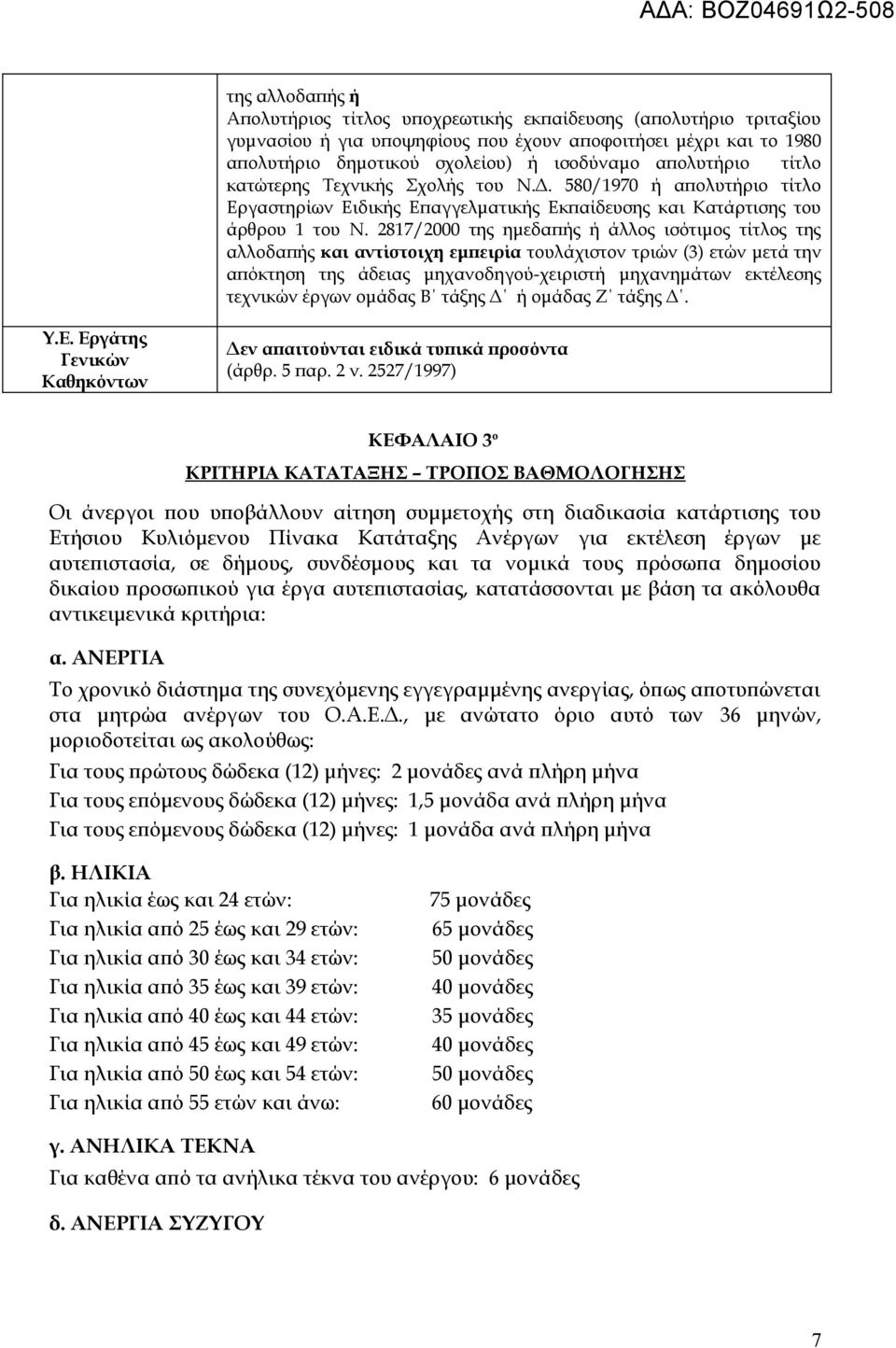 2817/2000 της ημεδαπής ή άλλος ισότιμος τίτλος της αλλοδαπής και αντίστοιχη εμπειρία τουλάχιστον τριών (3) ετών μετά την απόκτηση της άδειας μηχανοδηγού-χειριστή μηχανημάτων εκτέλεσης τεχνικών έργων