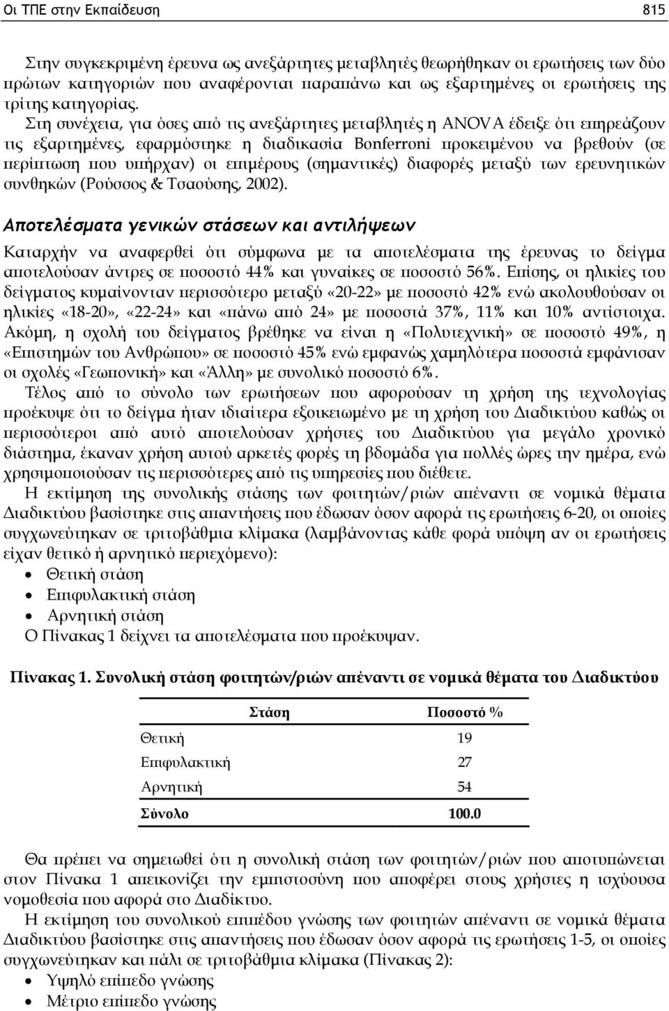 Στη συνέχεια, για όσες από τις ανεξάρτητες μεταβλητές η ANOVA έδειξε ότι επηρεάζουν τις εξαρτημένες, εφαρμόστηκε η διαδικασία Bonferroni προκειμένου να βρεθούν (σε περίπτωση που υπήρχαν) οι επιμέρους