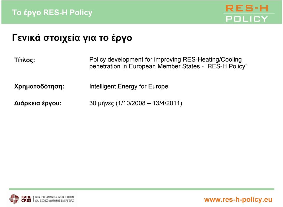 European Member States - RES-H Policy Χρηματοδότηση: Intelligent