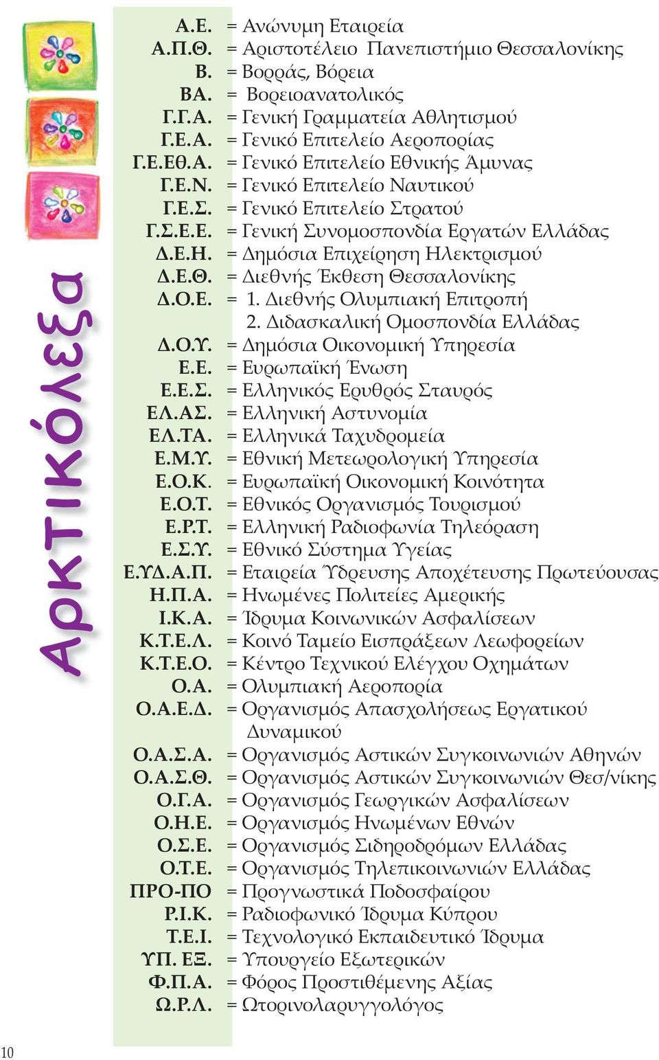 = Δηµόσια Επιχείρηση Ηλεκτρισµού Δ.Ε.Θ. = Διεθνής Έκθεση Θεσσαλονίκης Δ.Ο.Ε. = 1. Διεθνής Ολυµπιακή Επιτροπή 2. Διδασκαλική Οµοσπονδία Ελλάδας Δ.Ο.Υ. = Δηµόσια Οικονοµική Υπηρεσία Ε.Ε. = Ευρωπαϊκή Ένωση Ε.