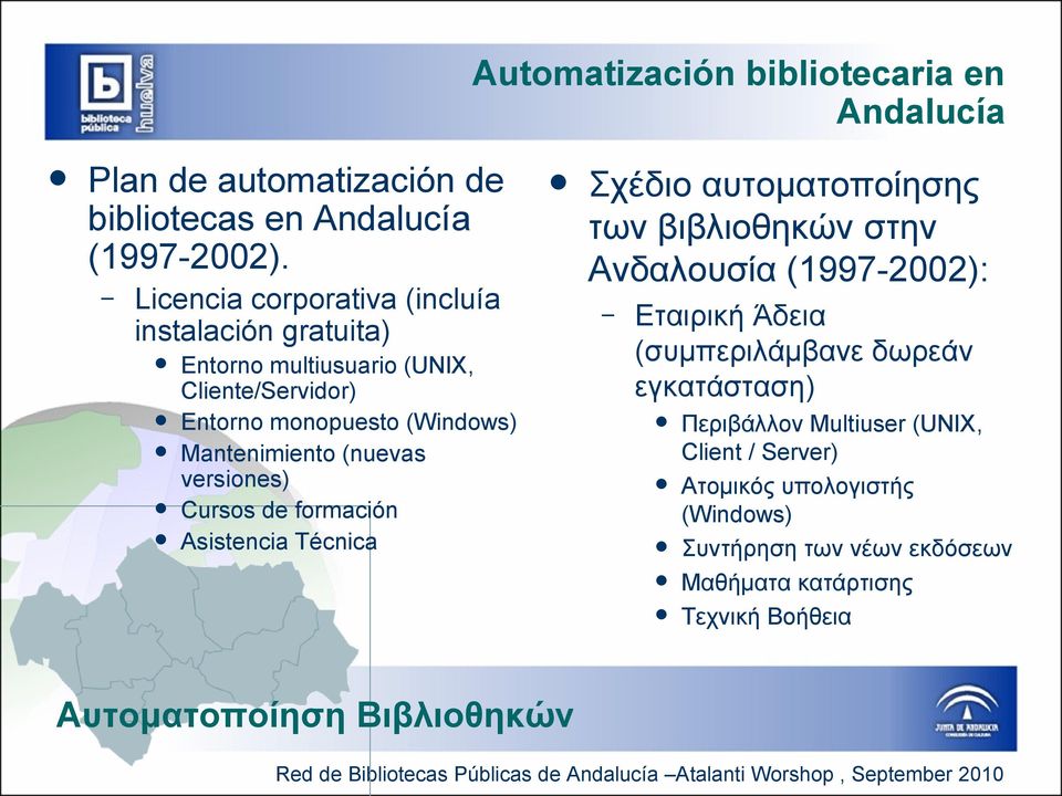 (nuevas versiones) Cursos de formación Asistencia Técnica Σχέδιο αυτοματοποίησης των βιβλιοθηκών στην Ανδαλουσία (1997-2002): Εταιρική Άδεια