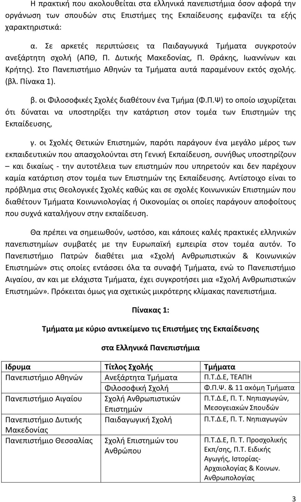 Στο Πανεπιστήμιο Αθηνών τα Τμήματα αυτά παραμένουν εκτός σχολής. (βλ. Πίνακα 1). β. οι Φιλοσοφικές Σχολές διαθέτουν ένα Τμήμα (Φ.Π.Ψ) το οποίο ισχυρίζεται ότι δύναται να υποστηρίξει την κατάρτιση στον τομέα των Επιστημών της Εκπαίδευσης, γ.