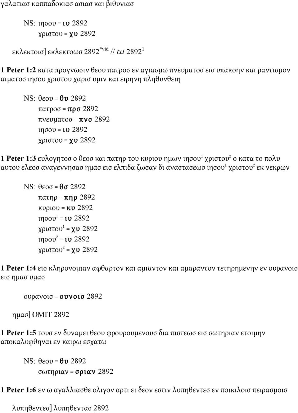 1 χριστου 2 ο κατα το πολυ αυτου ελεοσ αναγεννησασ ημασ εισ ελπιδα ζωσαν δι αναστασεωσ ιησου 1 χριστου 2 εκ νεκρων NS: θεοσ = θσ 2892 πατηρ = πηρ 2892 κυριου = κυ 2892 ιησου 1 = ιυ 2892 χριστου 1 =